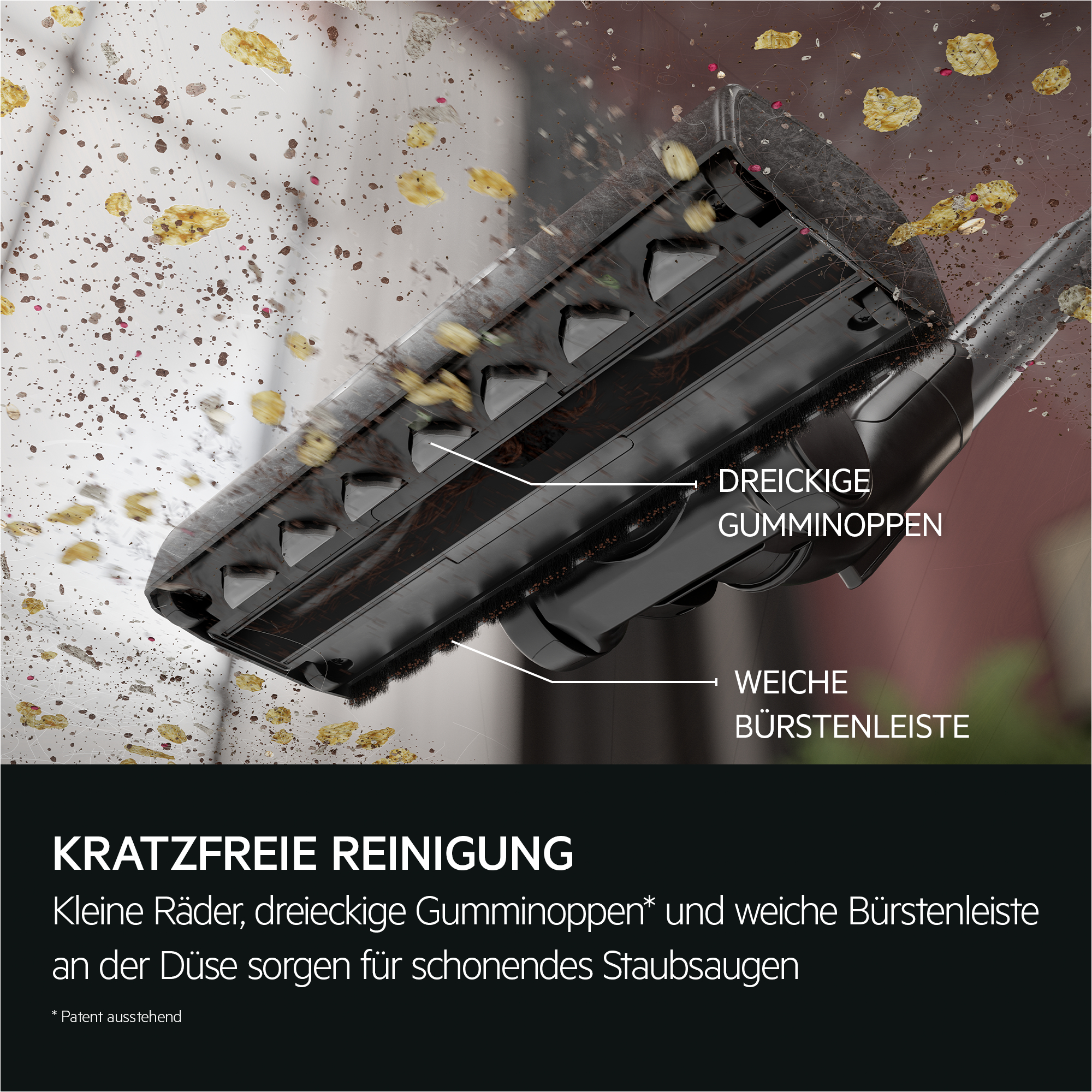 Nahaufnahme des Staubsaugerkopfes mit Bürste und Gummi.