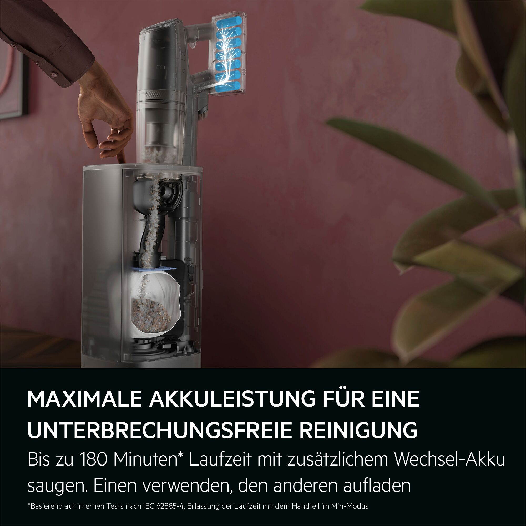 Staubsauger in Gebrauch. Schnitt zeigt Filtersystem. Hand hält es, mit Pflanzenhintergrund.