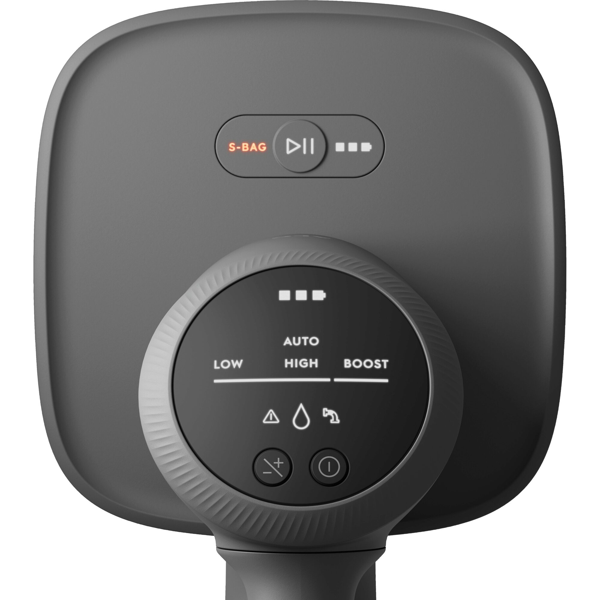 Nahaufnahme des Bedienfelds des Staubsaugers. Zeigt Batterie- und Leistungseinstellungen.