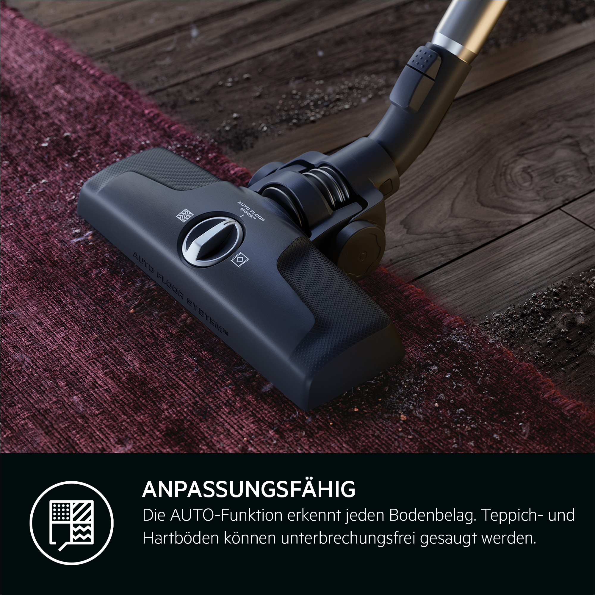 Eine Person, die den Griff eines Staubsaugers einstellt. Pfeile zeigen die Teleskopfunktion.