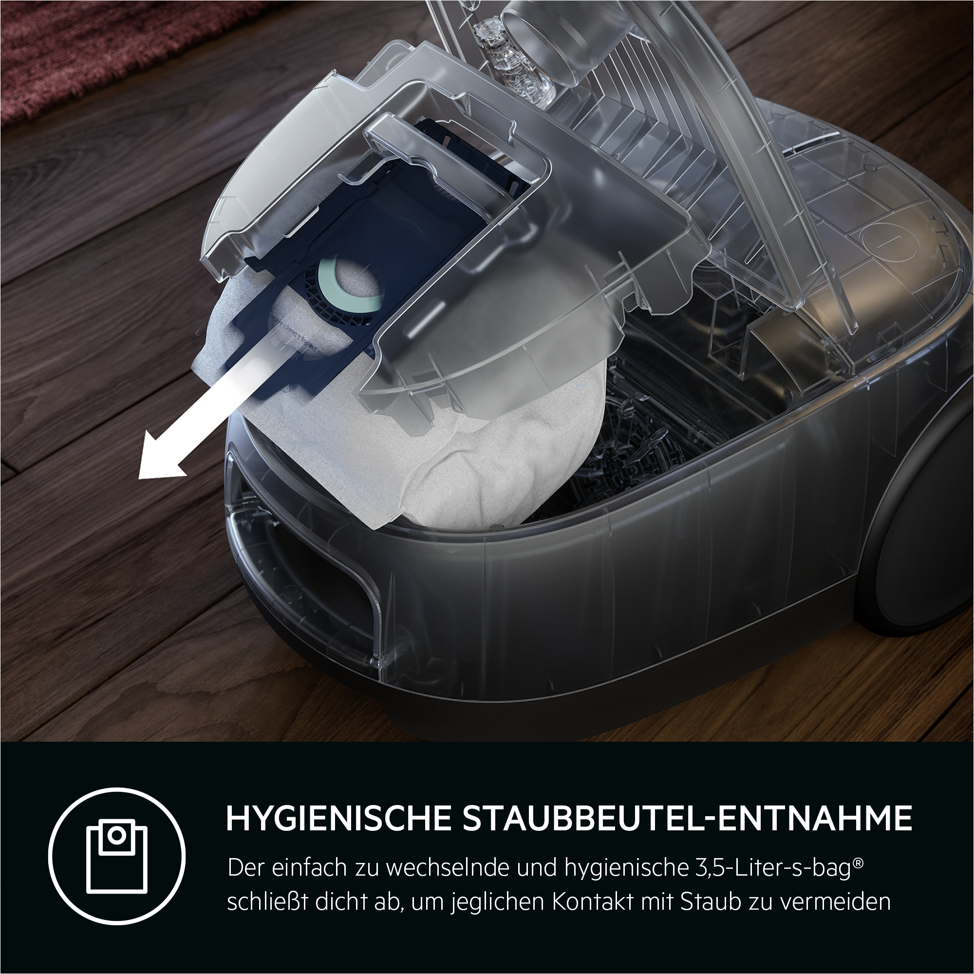 Staubsaugerteile: ein Filter, ein Beutel und die inneren Komponenten sind sichtbar.