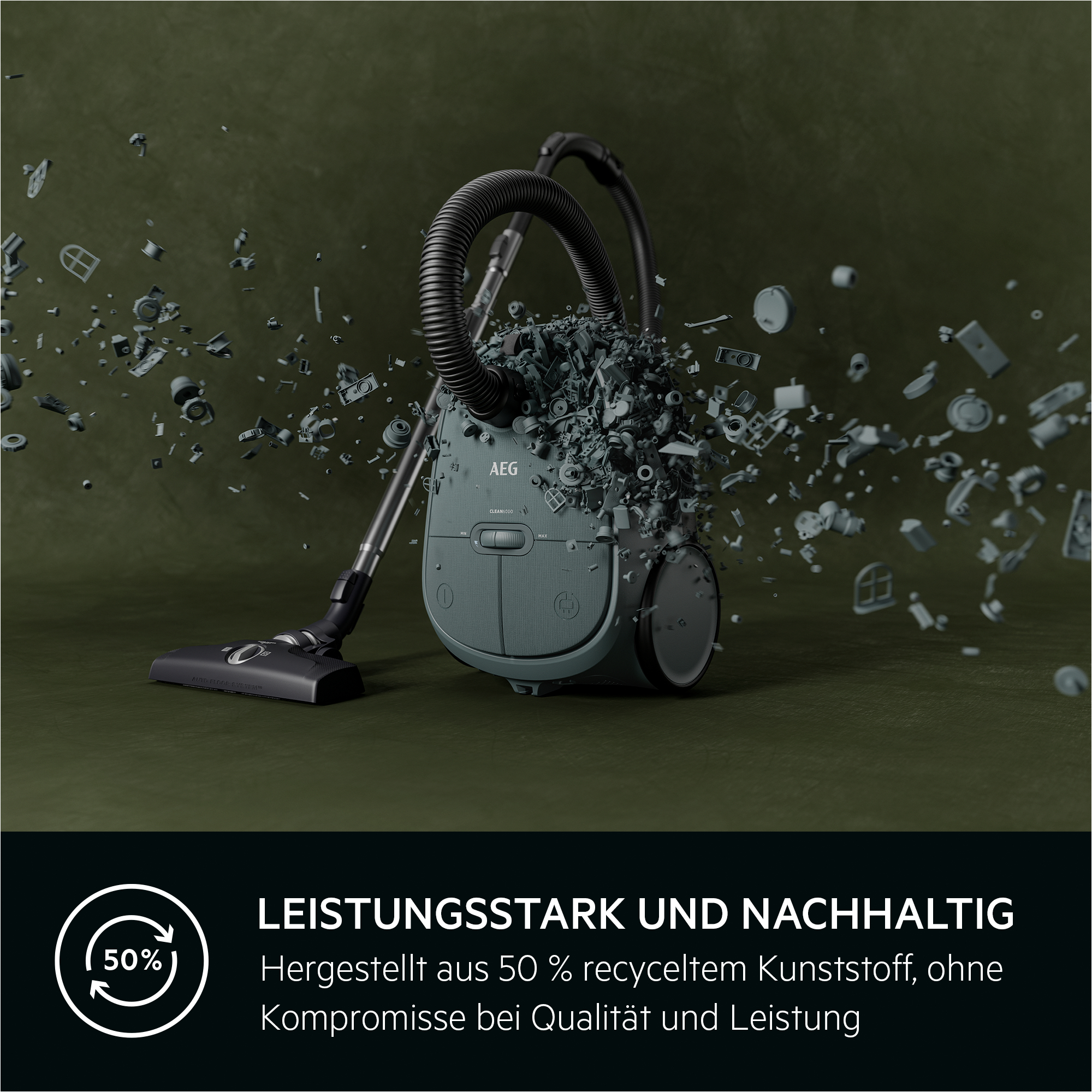 Ein Staubsauger mit großer Reichweite, der einen lila Teppich und Holzboden saugt.