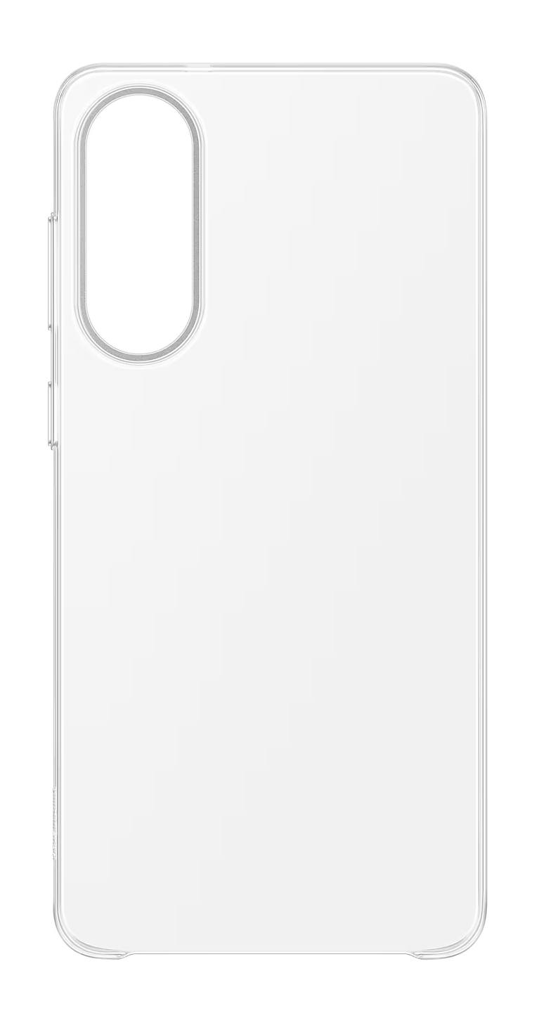 Przezroczyste etui na telefon, puste, z otworem na aparat i przyciskami.