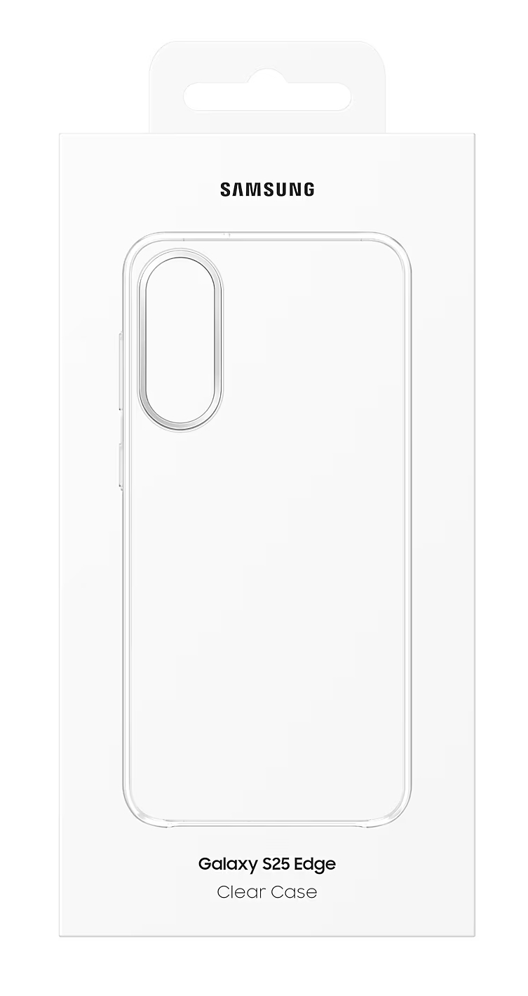 Etui na telefon w opakowaniu, z etykietą Galaxy S25 Edge Clear Case.