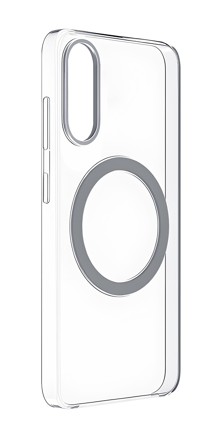 Przezroczyste etui na telefon z okrągłym, szarym pierścieniem magnetycznym.