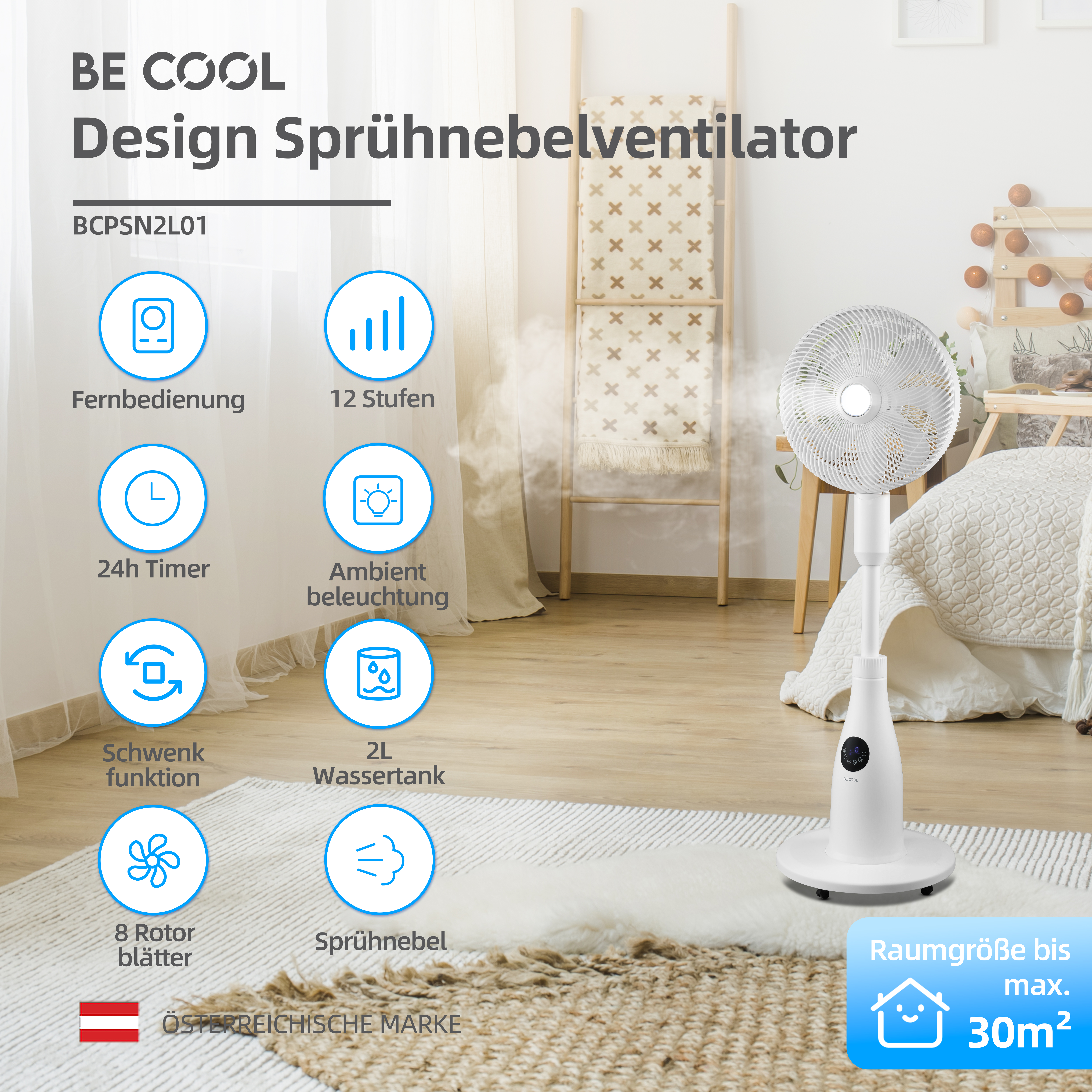 Weißer Ventilator mit Bedienfeld und Text, umgeben von Symbolen und einer Raumeinstellung.