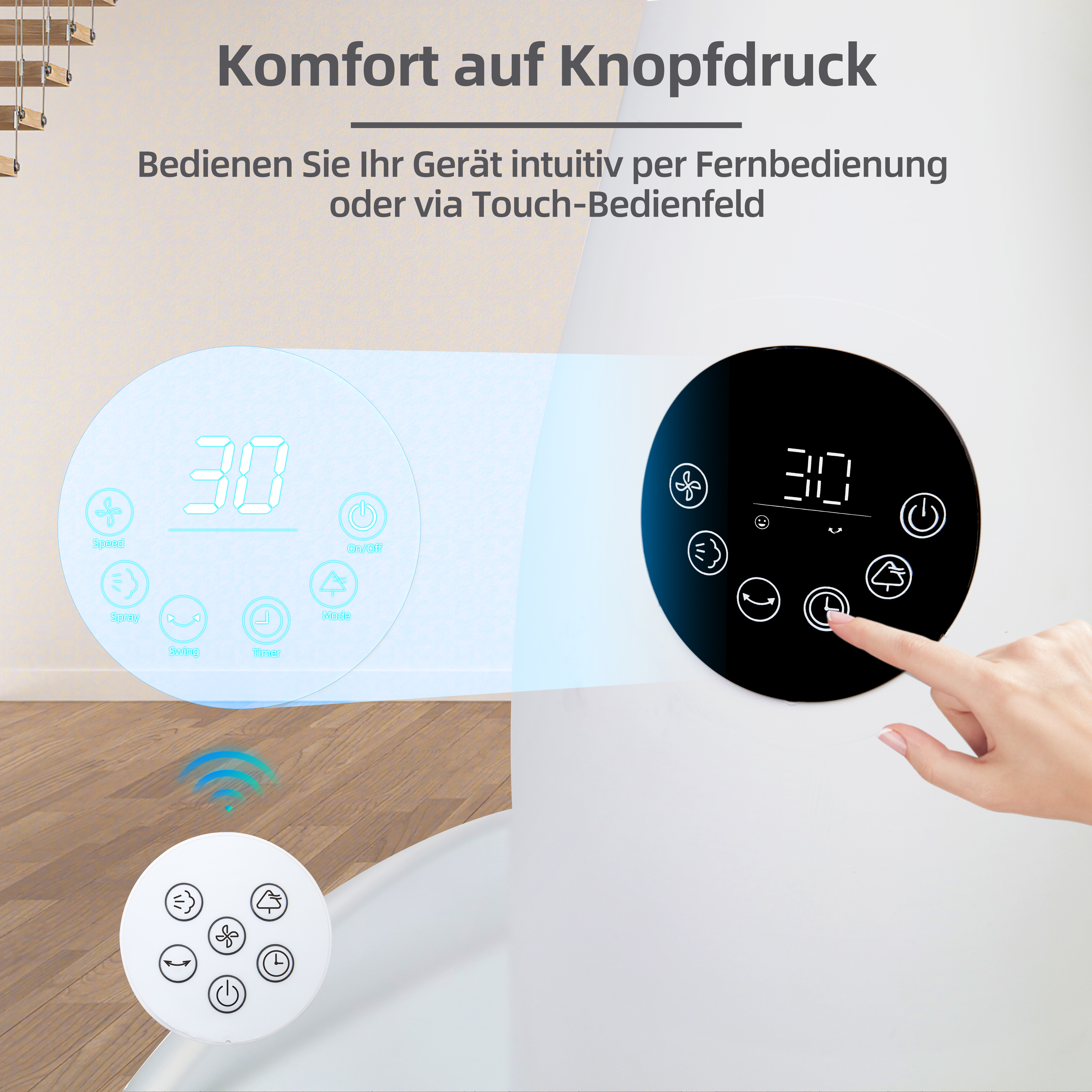 Schwarzes Bedienfeld, Fernbedienung und eine Hand, die mit der Lüfteroberfläche interagiert.