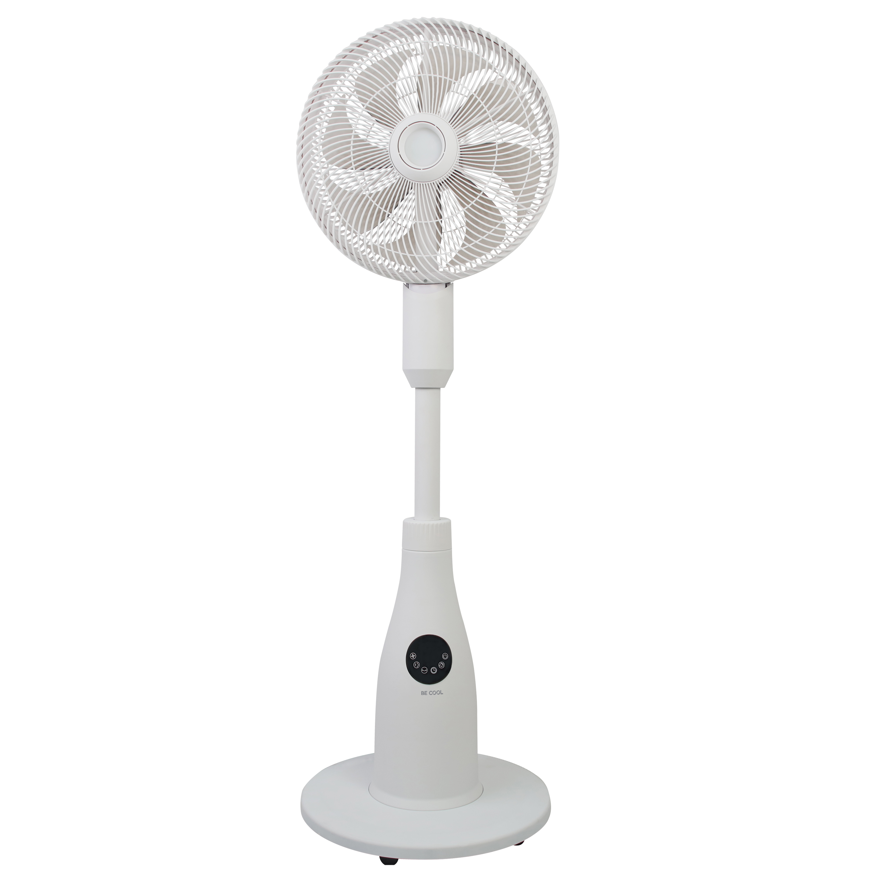 Weißer Ventilator, isoliert auf weißem Hintergrund, mit rundem Sockel und Bedienelementen.