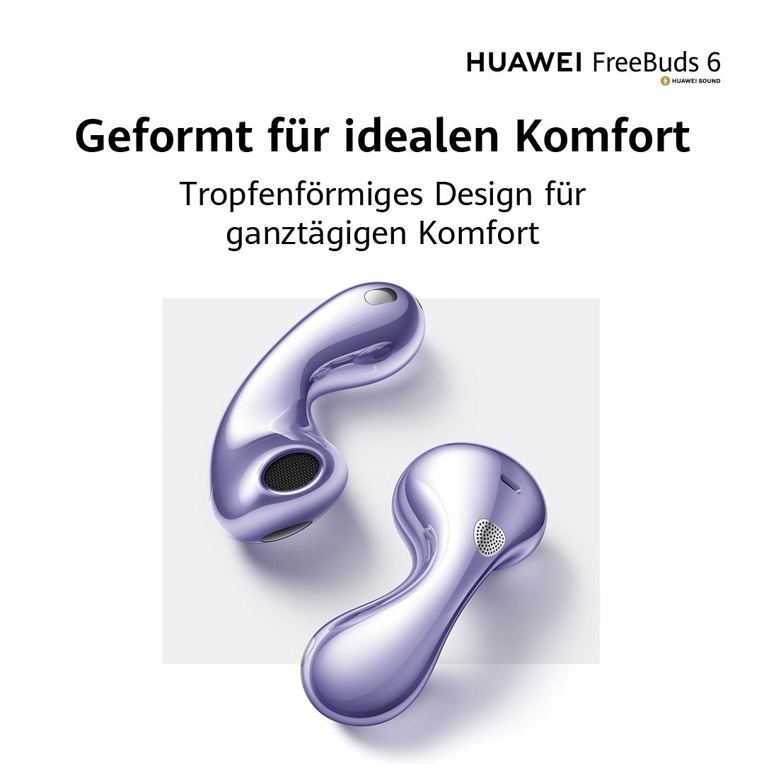 Zwei lila Huawei FreeBuds 6 Ohrhörer auf weißem Hintergrund. Text: Für idealen Komfort geformt.