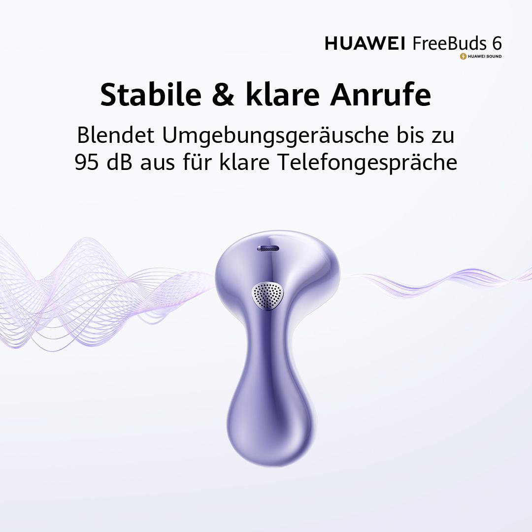 Nahaufnahme einer einzelnen lila Huawei FreeBuds 6. Text: Stabile & klare Anrufe, mit Schallwellen.