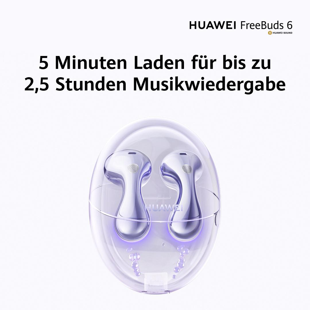 Das Ladecase und zwei lila Huawei FreeBuds 6. Text: 5 Minuten laden für 2,5 Stunden Musik.
