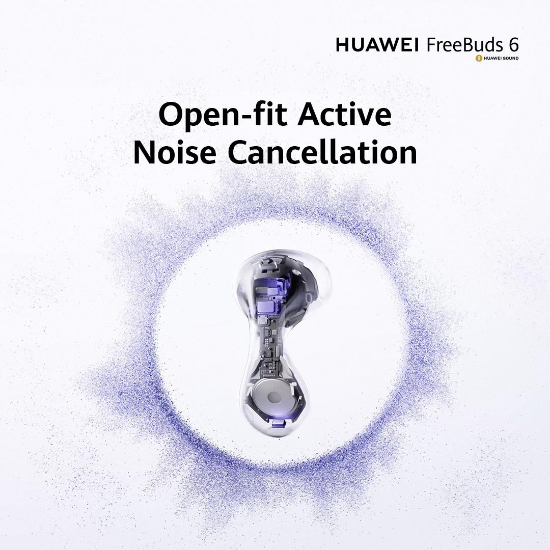 Interne Struktur einer Huawei FreeBuds 6. Text: Open-fit Active Noise Cancellation, mit lila Staub.