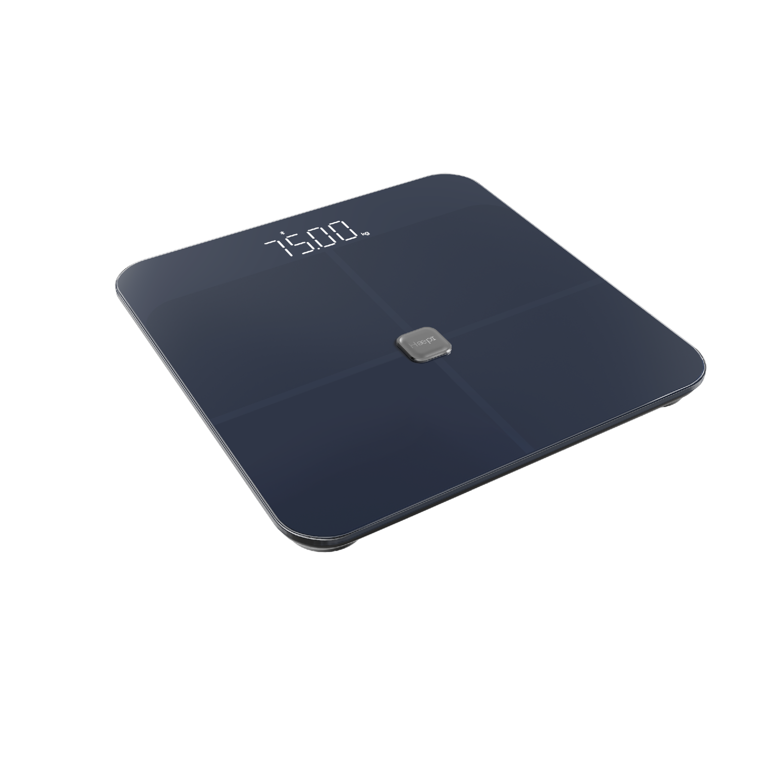 A dark blue digital scale displaying 75.00 kg, a button, on a white background.