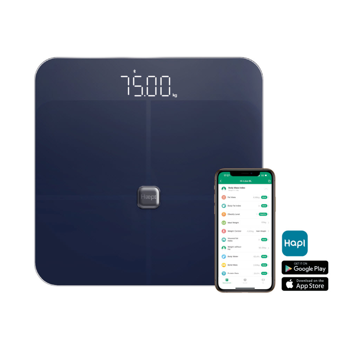 A dark blue digital scale displaying 75.00 kg with phone displaying health data.