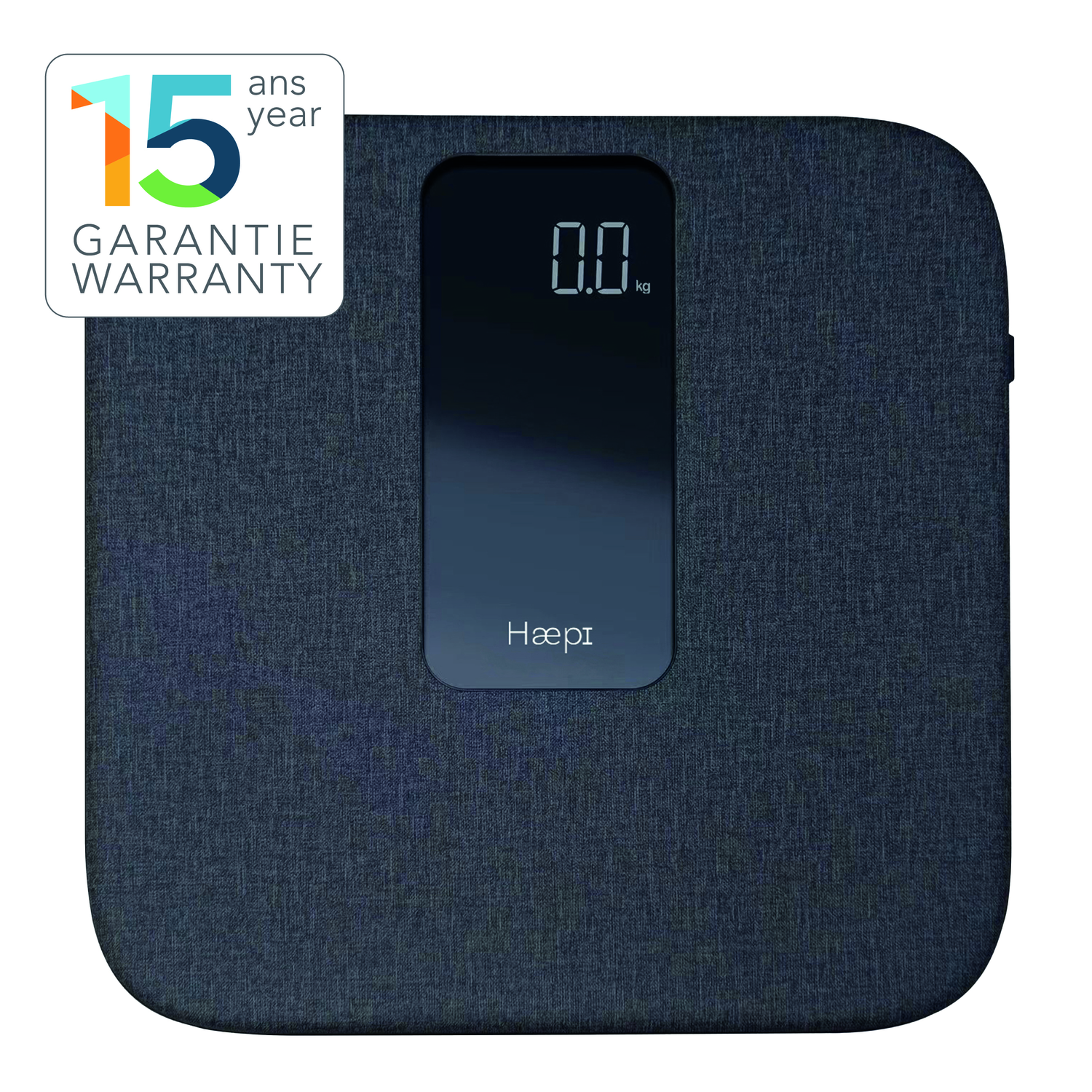 A dark gray scale with a digital display reading 0.0 kg. The brand name 'Hæpi' is displayed.