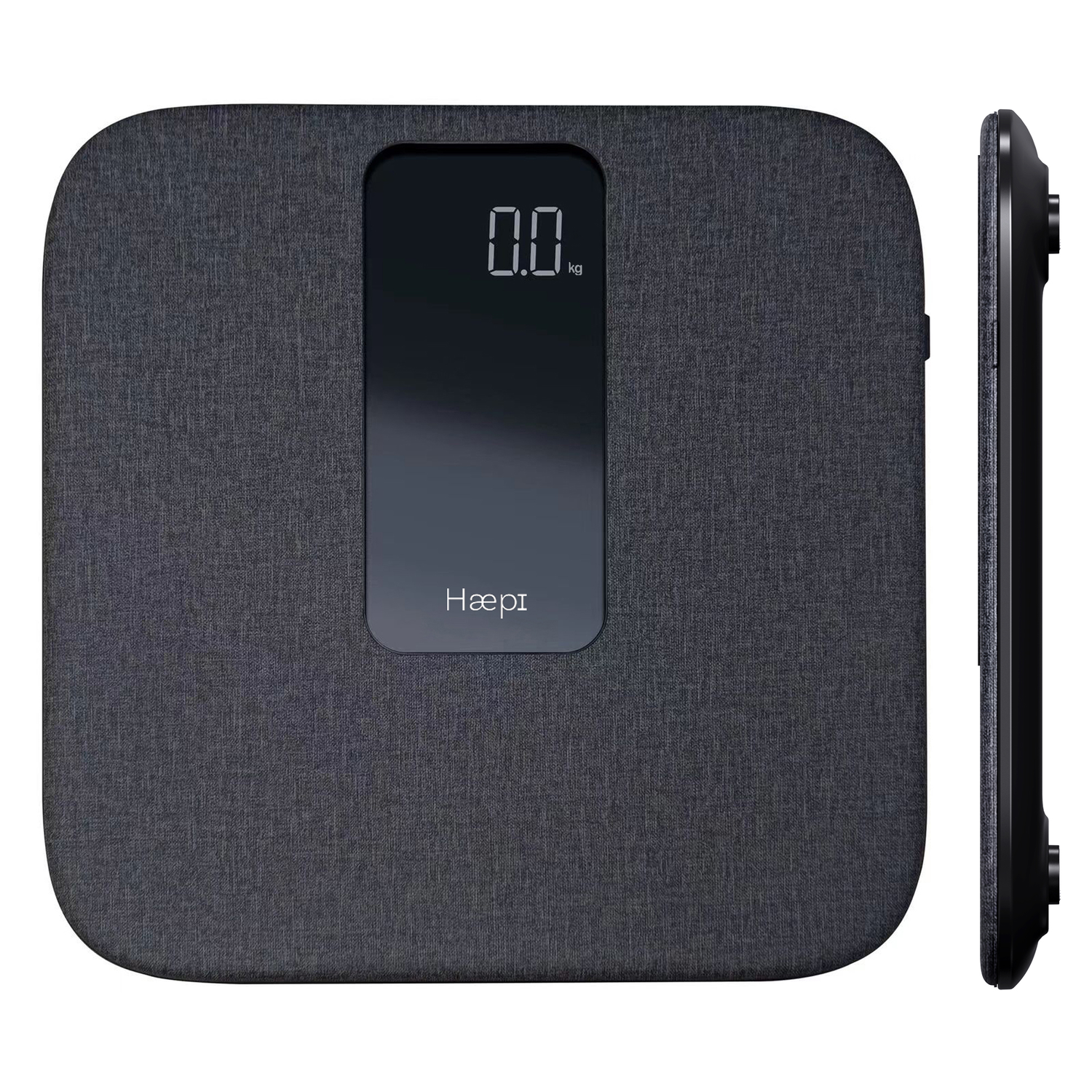 A dark grey scale with a digital display showing 0.0 kg. The scale is shown from the side.