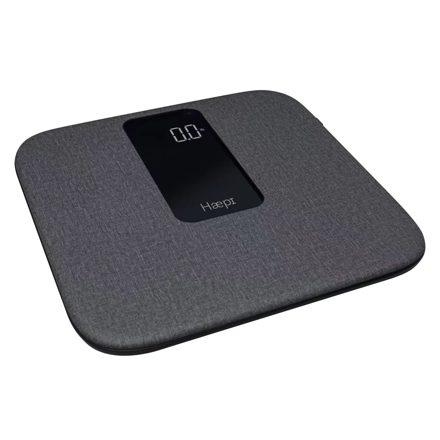 An angled view of a dark gray scale displaying 0.0 kg on the digital screen. The brand is 'Hæpi'.