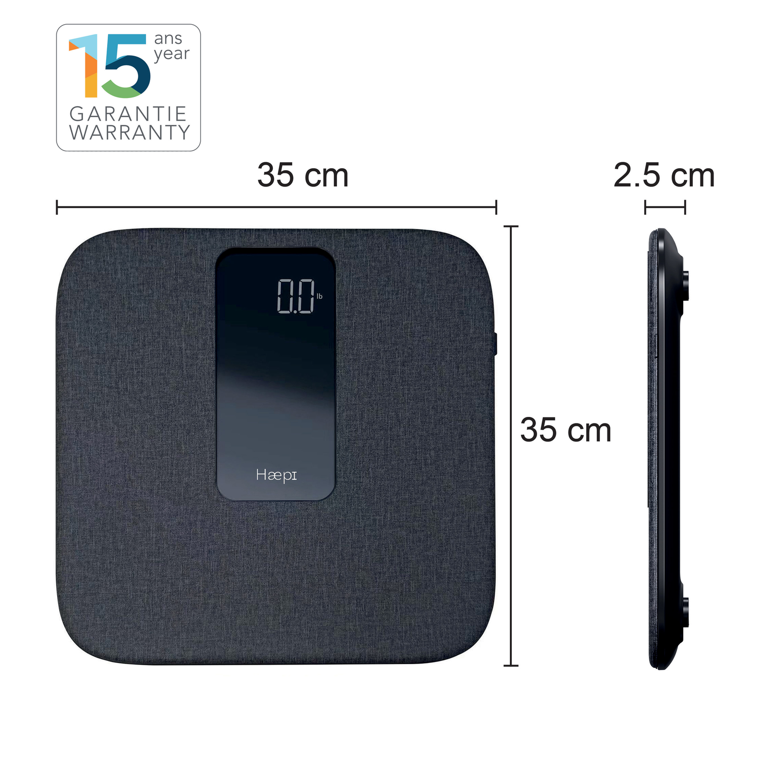 A dark gray scale with dimensions displayed. The digital display shows 0.0 lb and the brand is 'Hæpi'.
