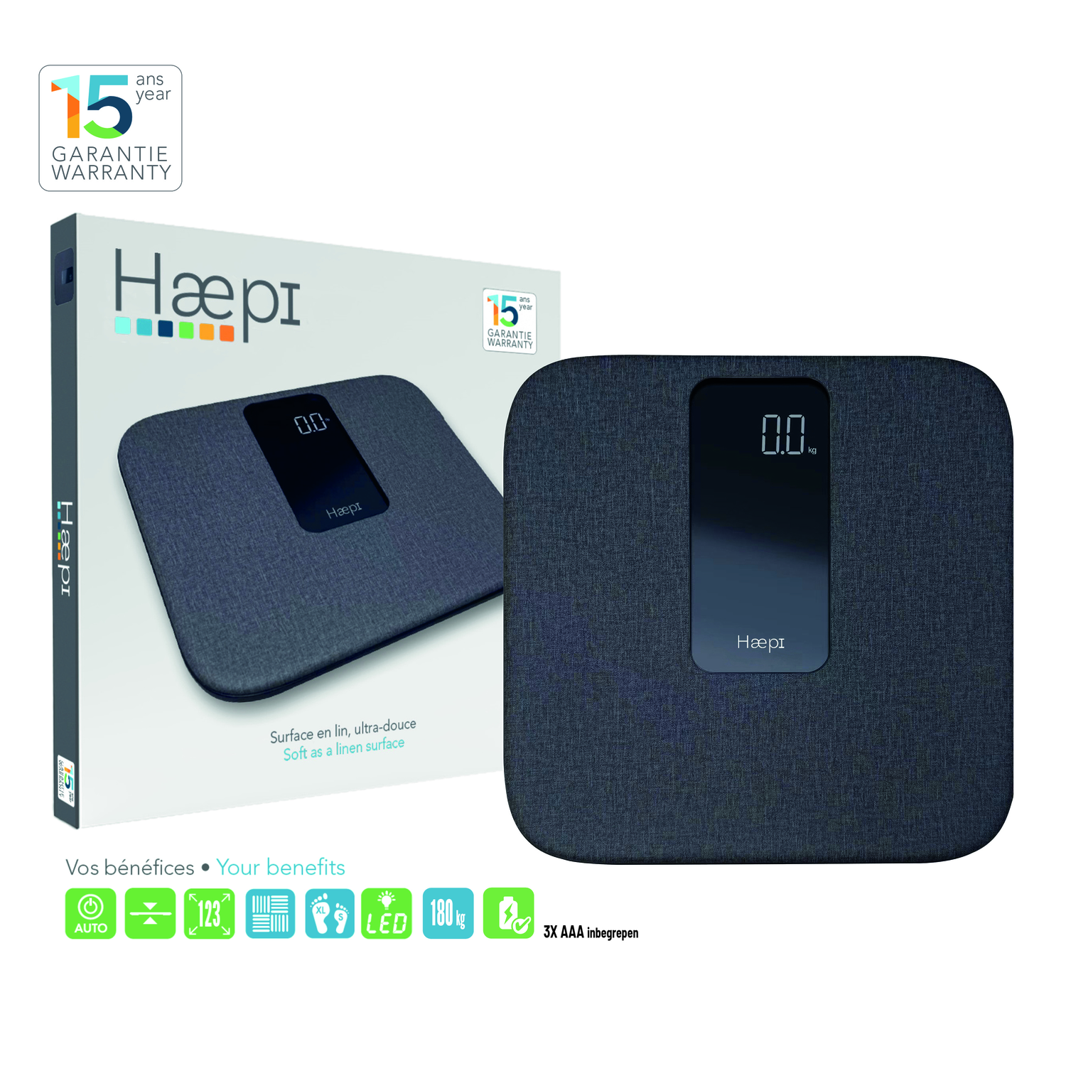 A scale with a box. The scale displays 0.0 kg. The box has text and icons and shows the brand.