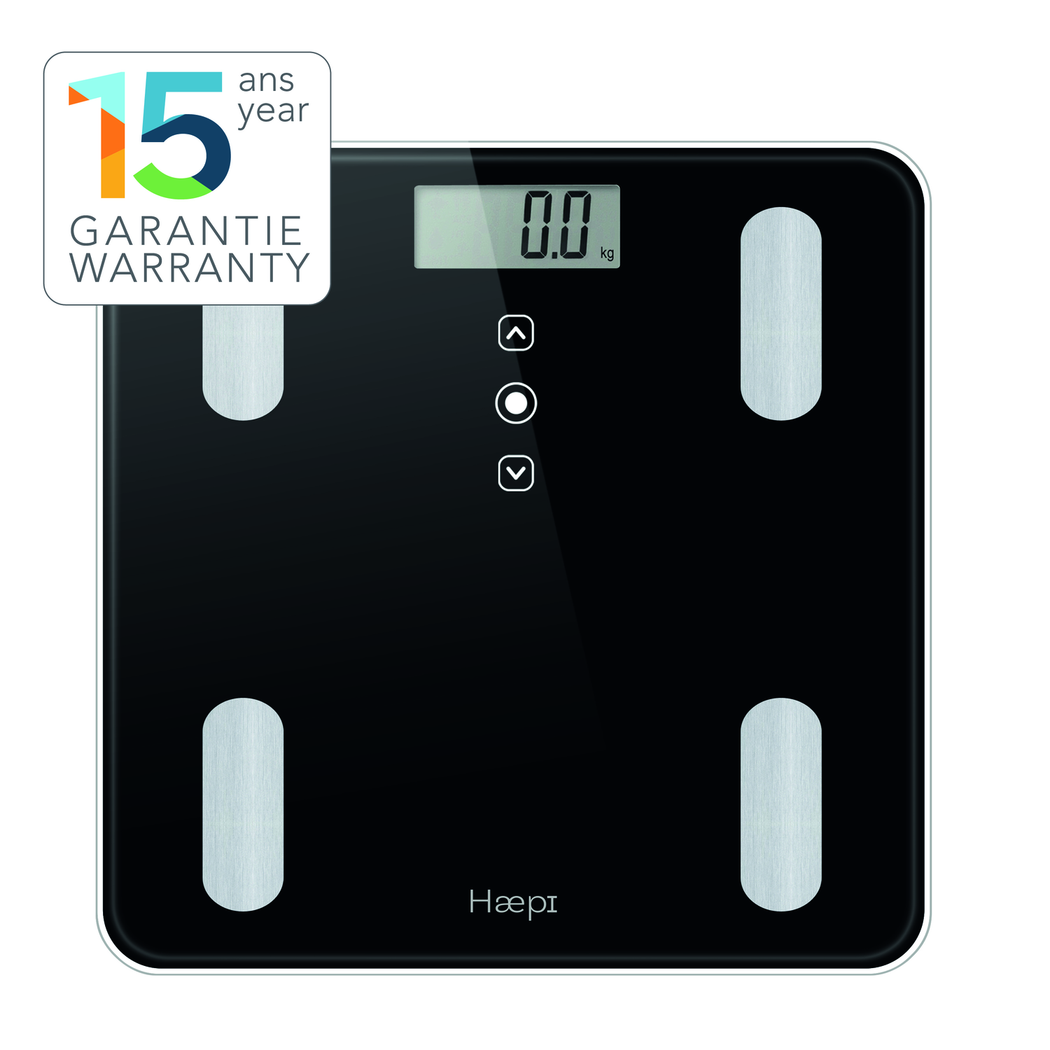Een zwarte weegschaal met een digitaal display met 0,0 kg. Het heeft knoppen en het merk 'Hæpi'.