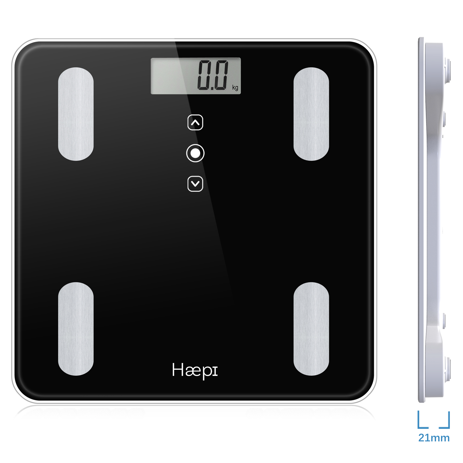 Een zwarte weegschaal met een digitaal display met 0,0 kg, zijaanzicht. Knoppen zitten bovenop.