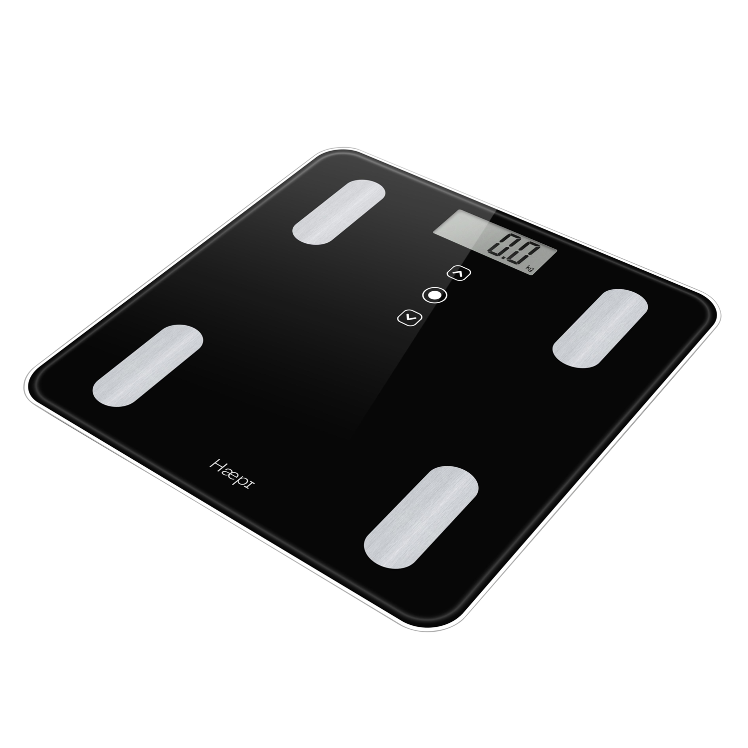 Een zwarte weegschaal met een digitaal display met 0,0 kg. Het merk is 'Hæpi'.