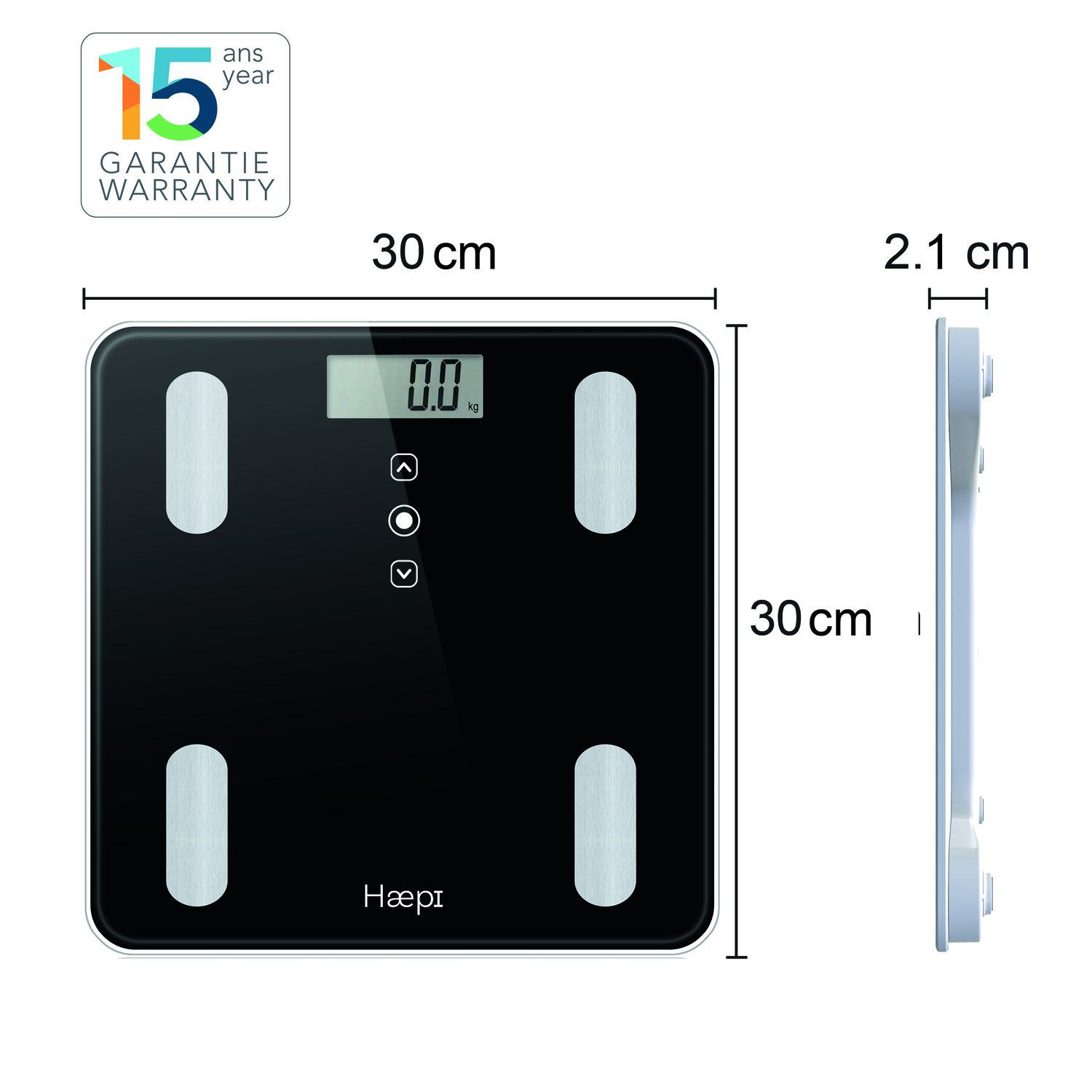 Zwarte digitale weegschaal met witte rand, toont 0,0 kg. Afmetingen in cm.