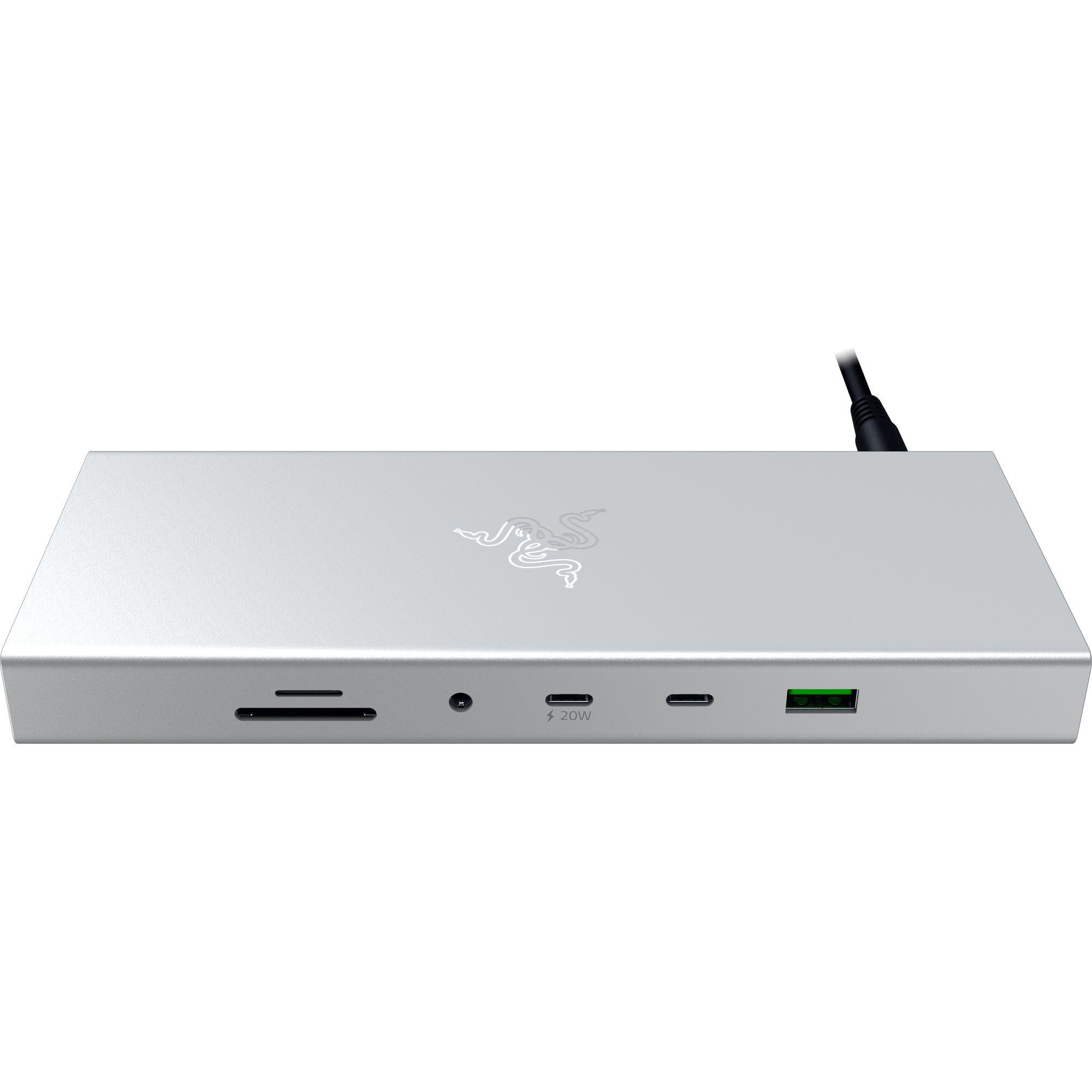 Silberne Razer USB4-Dockingstation. Anschlüsse: SD, Audio, USB-C, USB-A und grünes USB.
