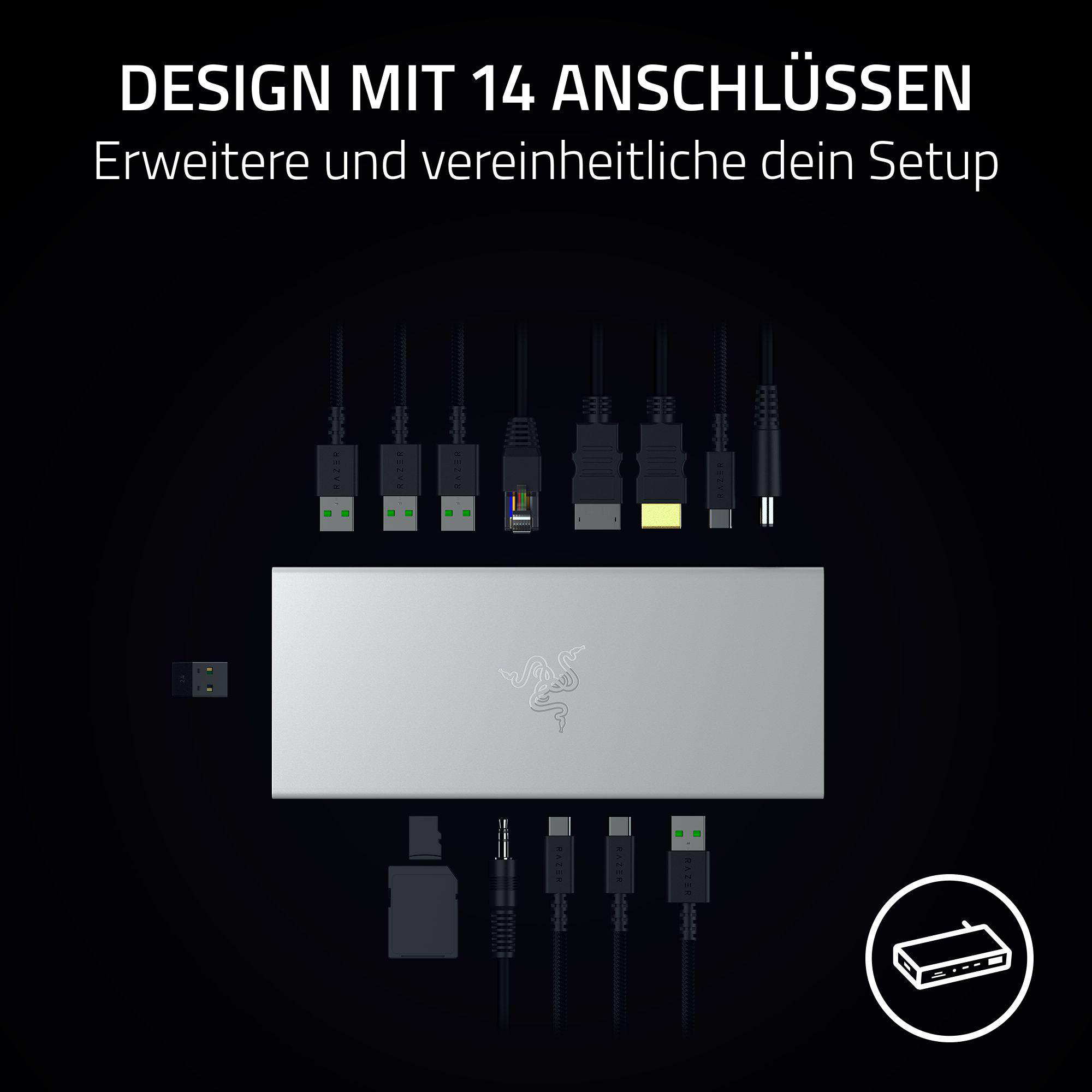 Silberne Razer-Dockingstation mit verschiedenen Anschlüssen. Diagramm zeigt Verbindungstypen.