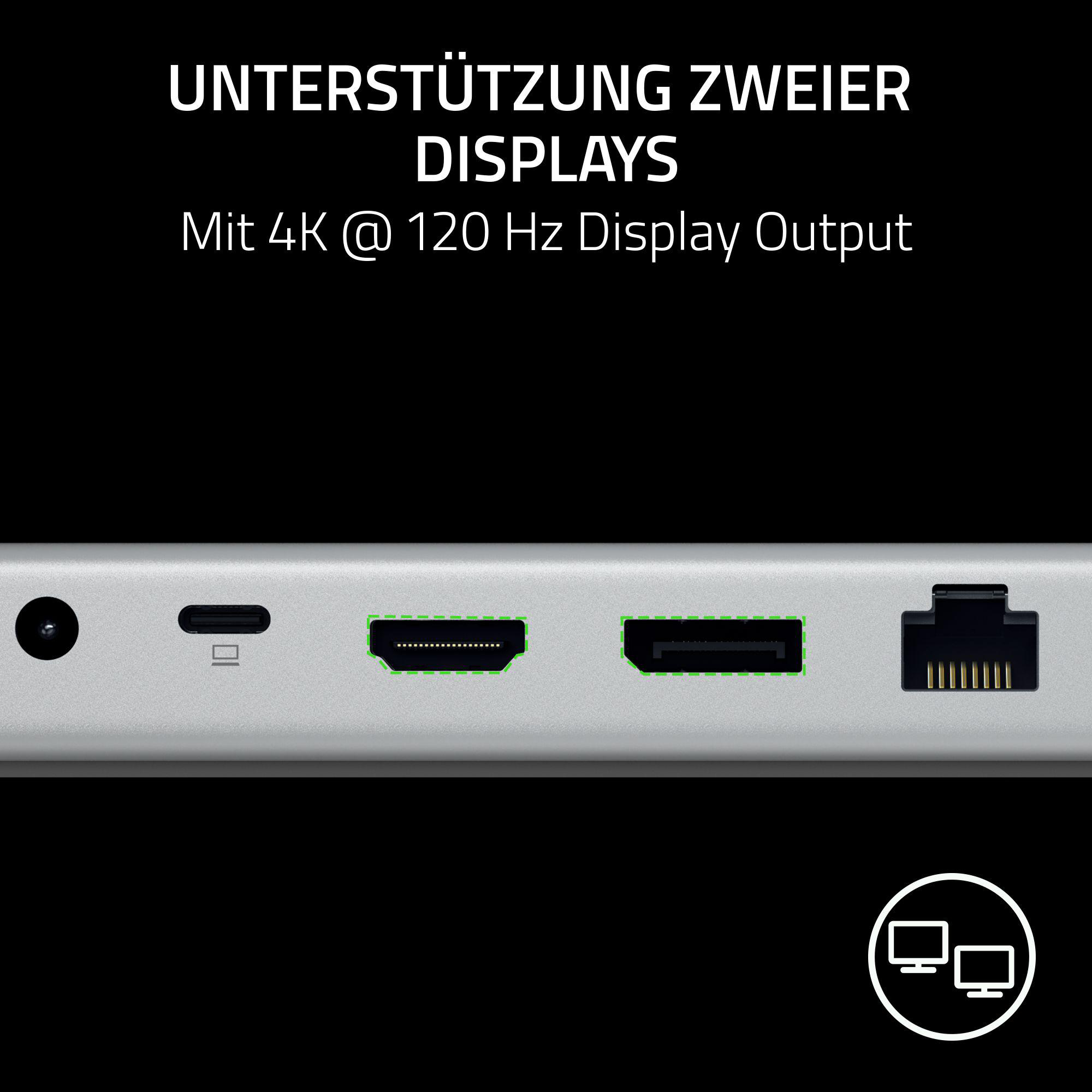 Nahaufnahme der Razer Dock-Anschlüsse. HDMI und Ethernet sind sichtbar.