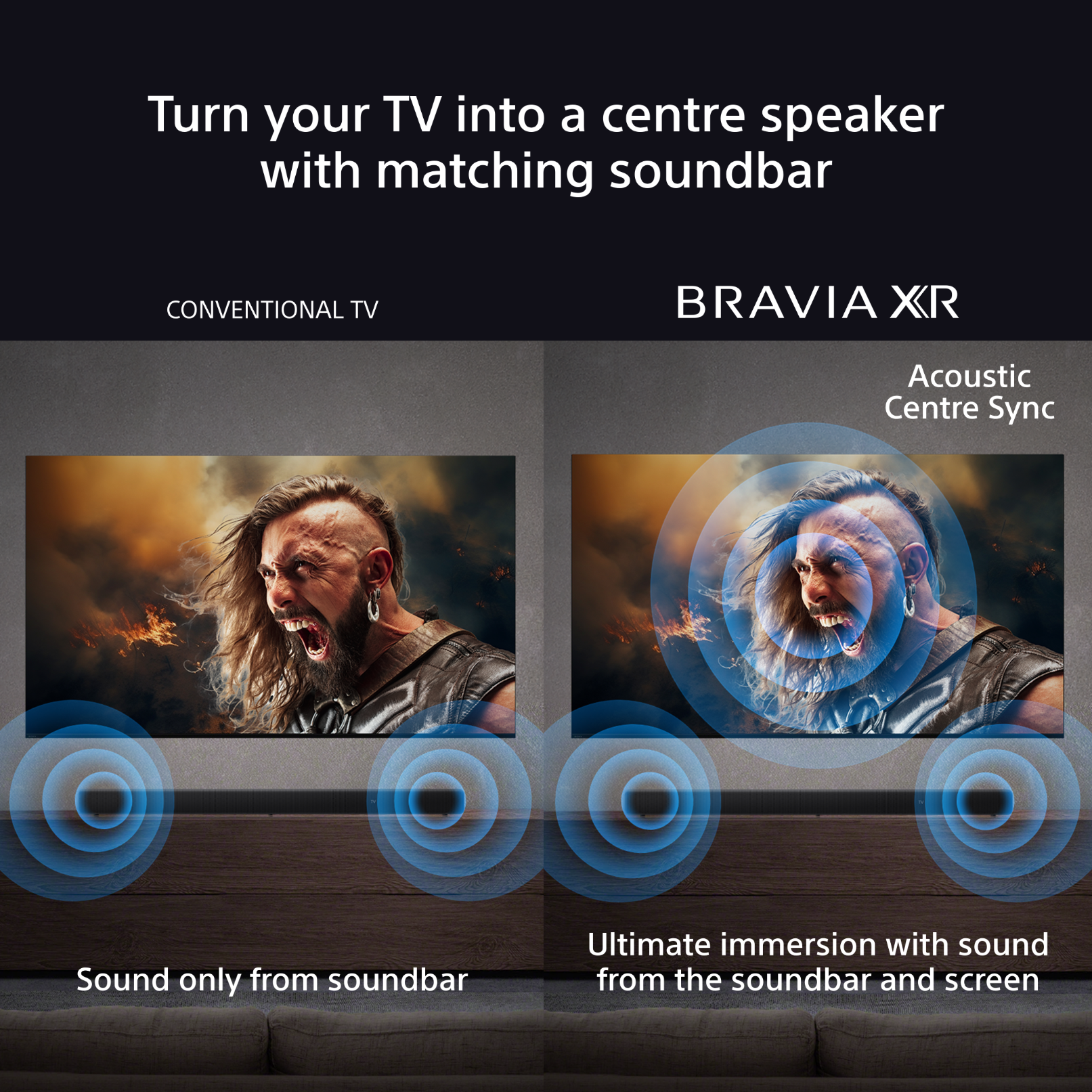 Geteilter Bildschirm, der einen schreienden Mann zeigt. Links: Ton von der Soundbar. Rechts: Ton von Bildschirm und Soundbar.
