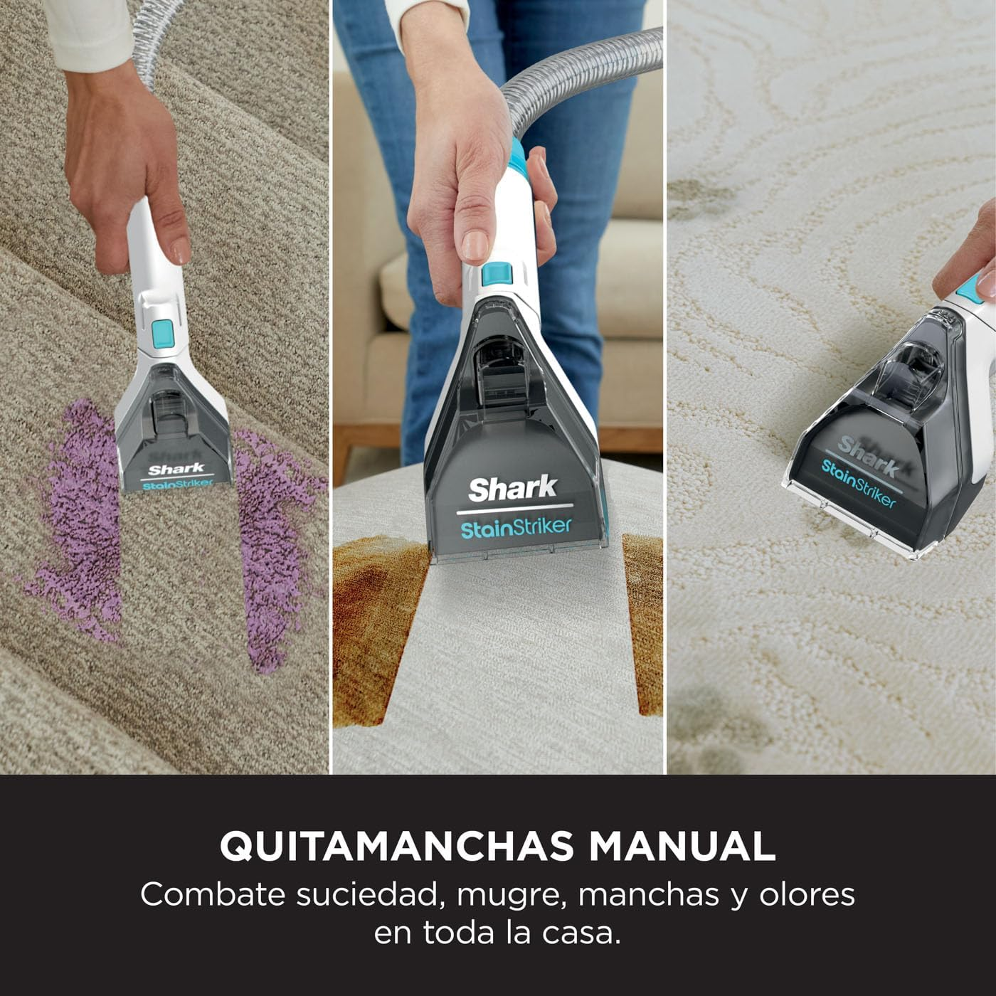 Tres imágenes muestran una mano usando un Shark StainStriker en diferentes superficies.