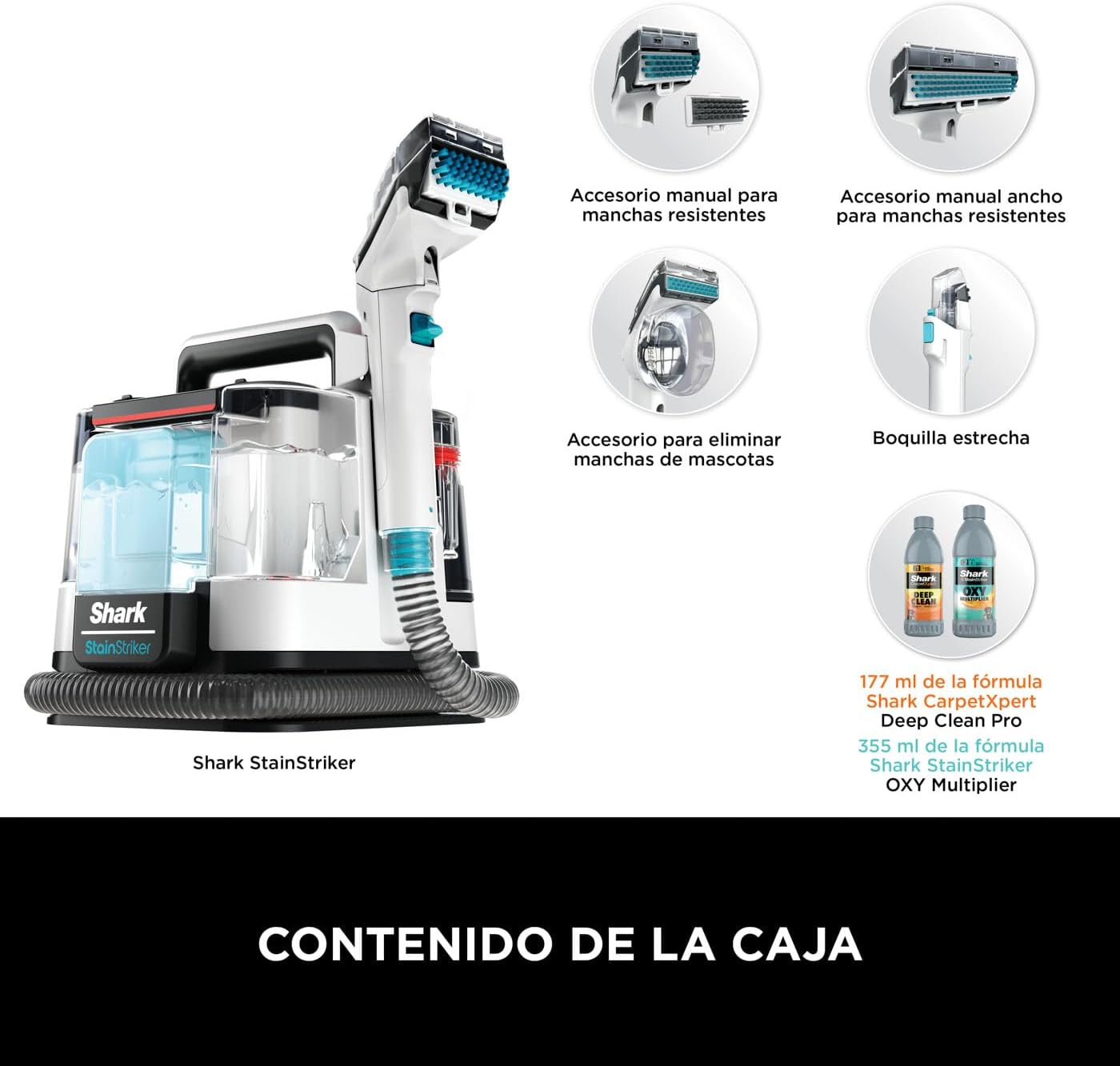 Shark StainStriker, que muestra varios accesorios, soluciones de limpieza y accesorios.