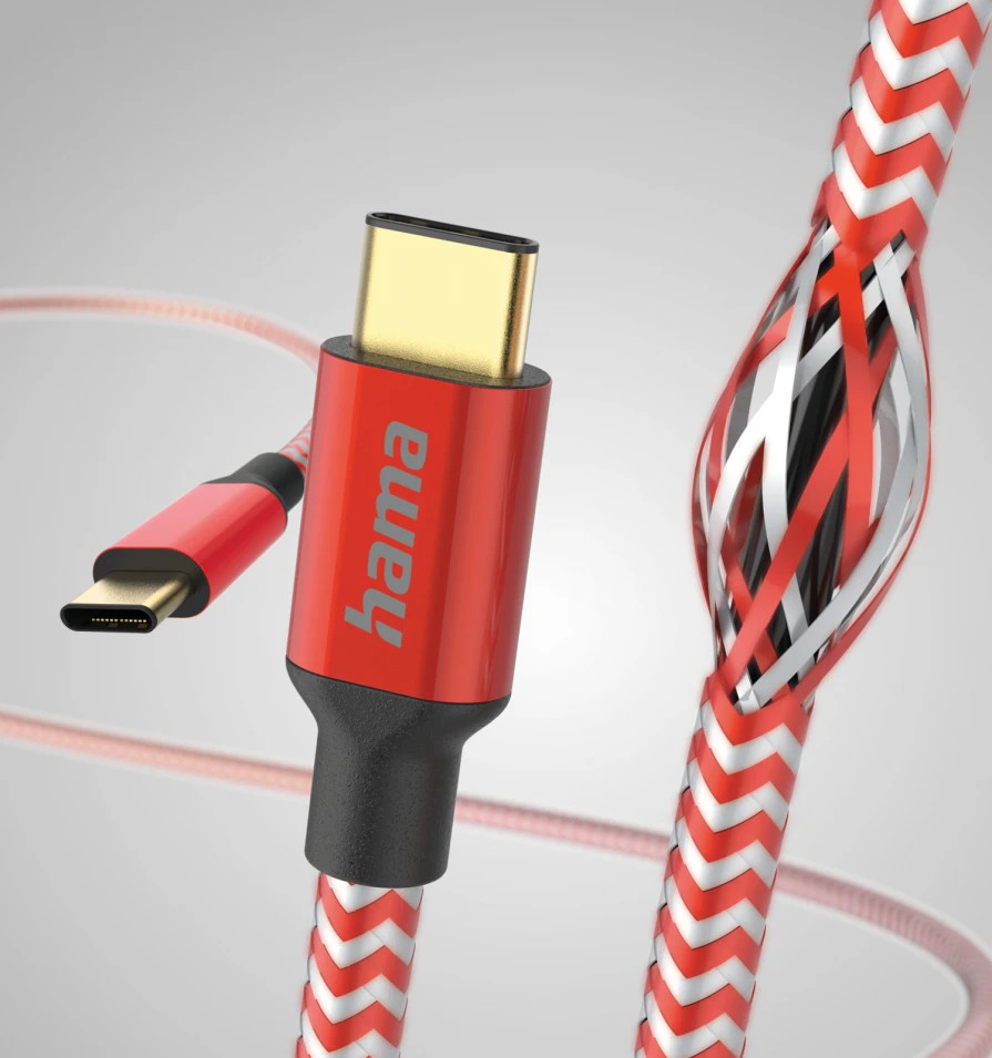 Zbliżenie czerwonego i białego kabla USB-C z czerwonymi złączami. Kabel jest częściowo przecięty, aby pokazać wewnętrzne przewody.