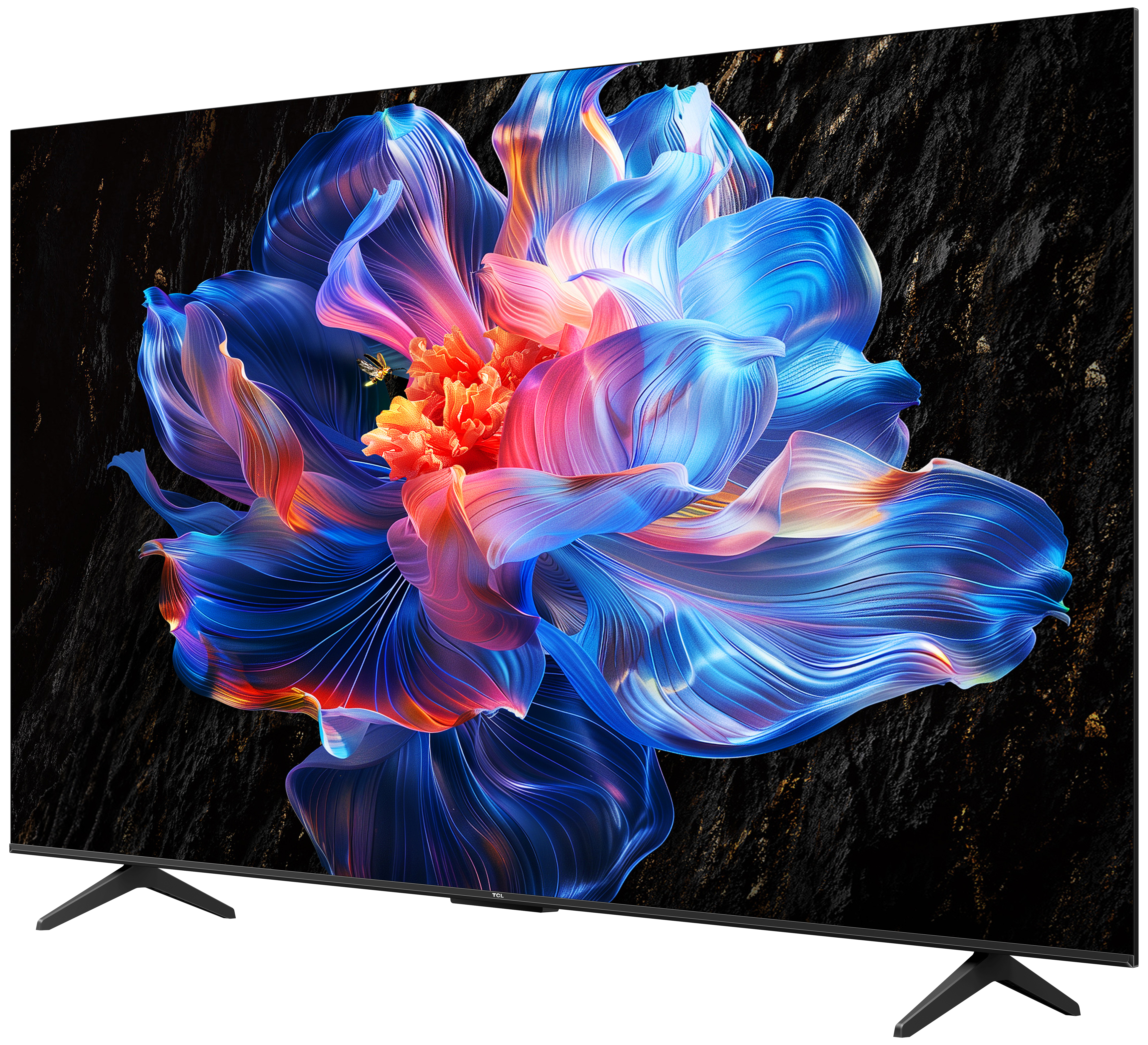 Telewizor z ekranem pokazującym kolorowy abstrakcyjny kwiat. Czarna ramka i podstawa. Ciemne tło.