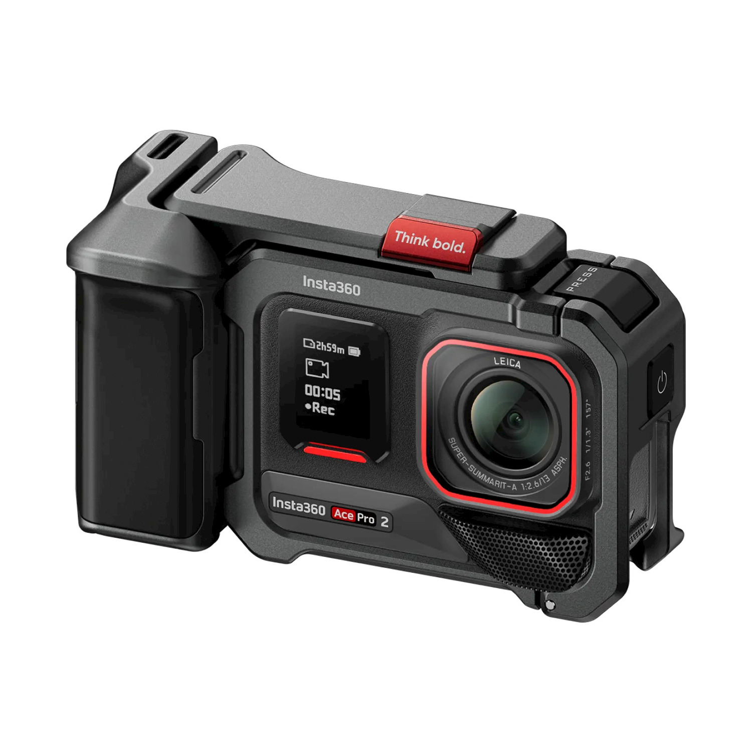Custodia nera per fotocamera, Insta360 Ace Pro 2, schermo mostra la registrazione. Pulsante rosso, 'Think bold'. Obiettivo Leica visibile.