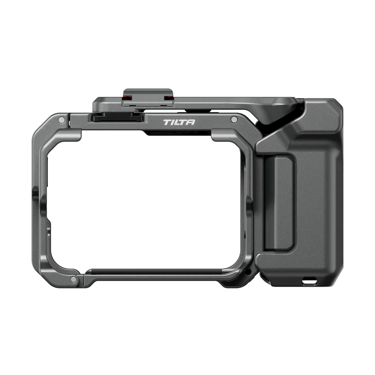 Gabbia grigia per fotocamera, design a telaio aperto. Marchio Tilta. Sfondo bianco. Parti della fotocamera visibili.