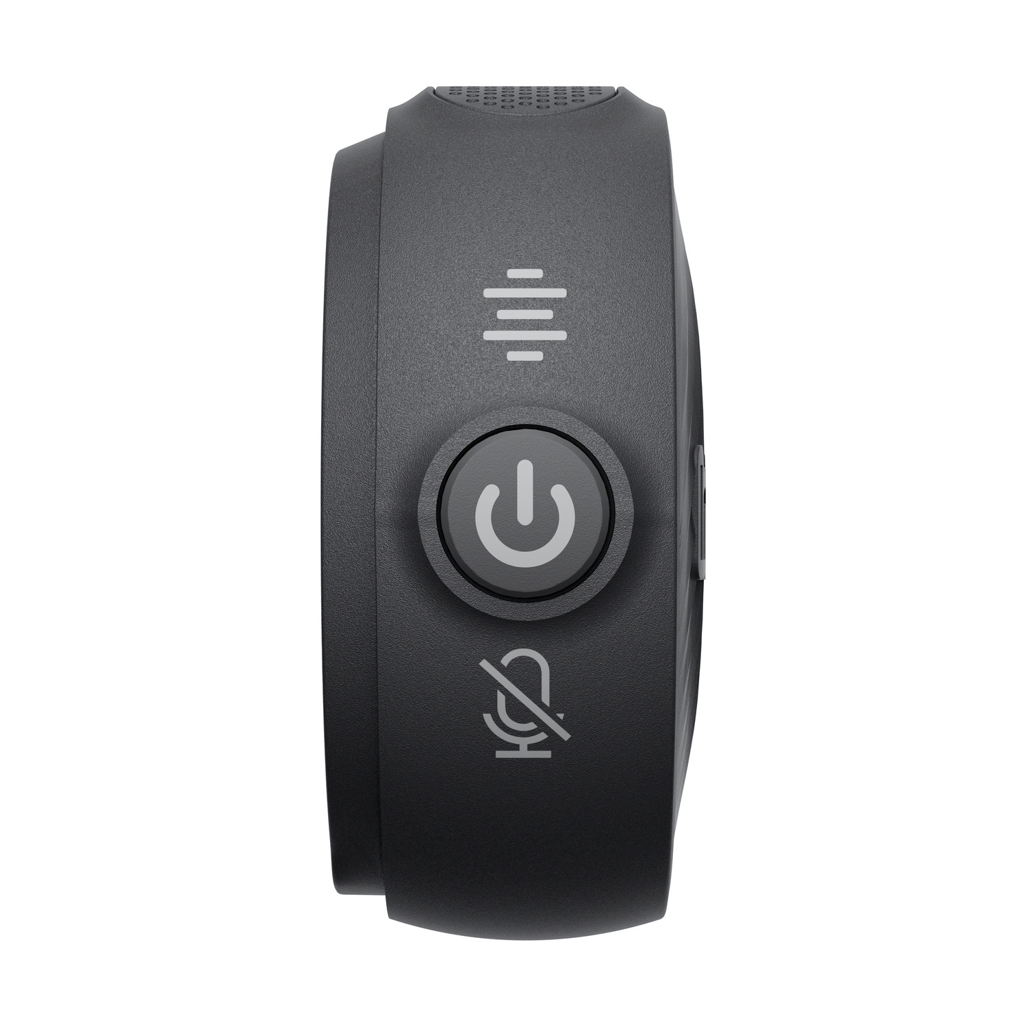 Vista laterale del dispositivo Insta360 nero con pulsanti di accensione e disattivazione audio.