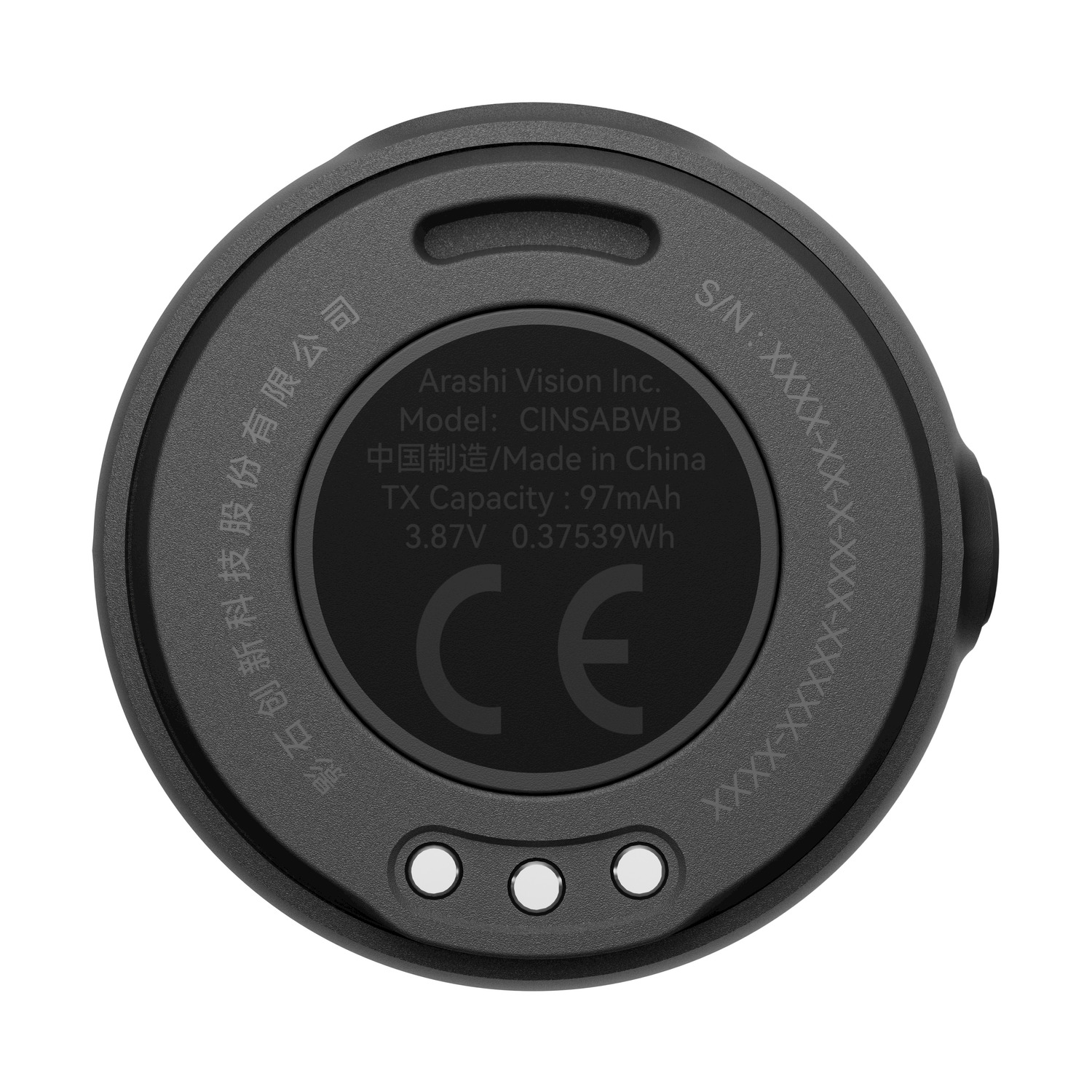 Parte inferiore del dispositivo Insta360 nero con informazioni sul modello e sul numero di serie.