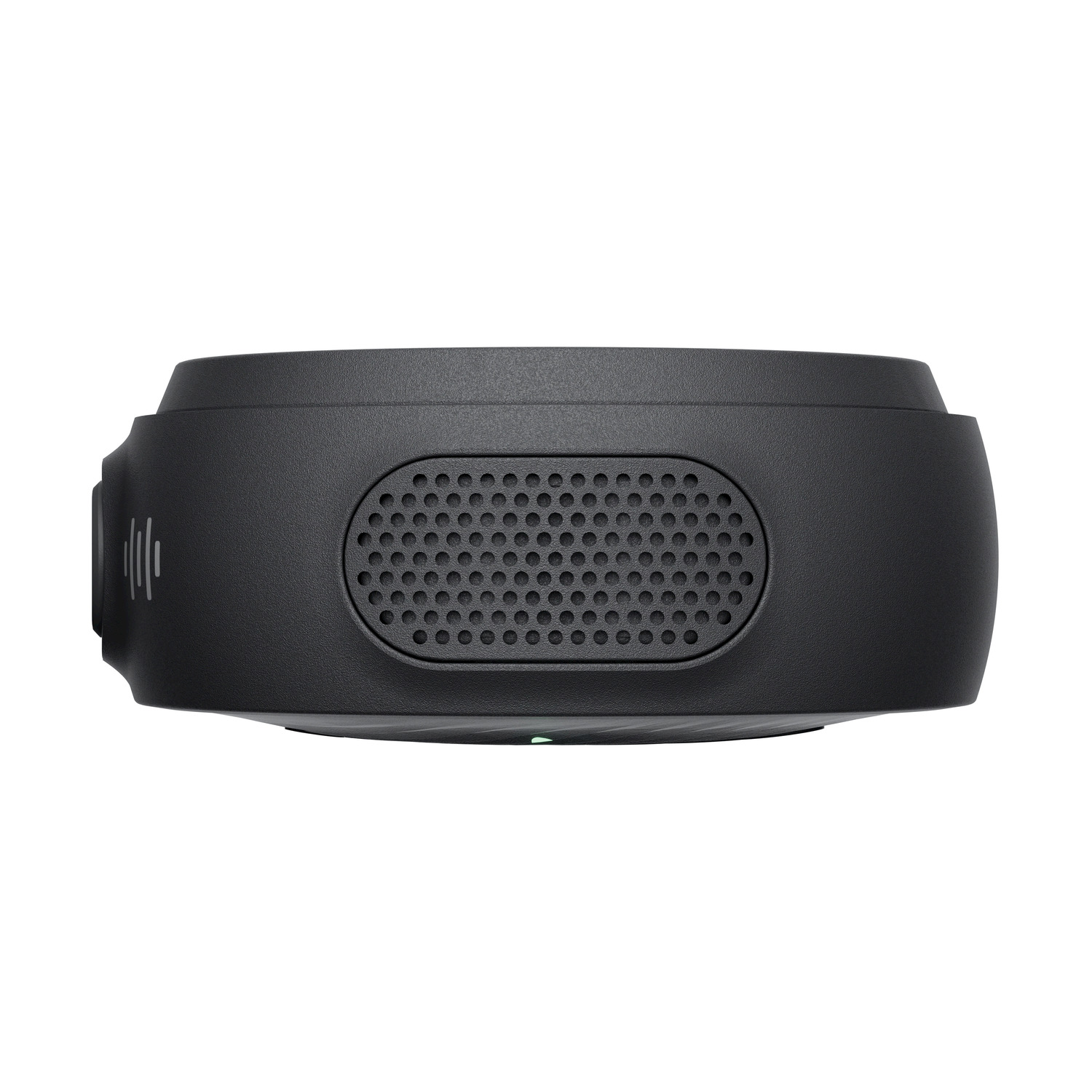 Dispositivo Insta360 nero con fori per altoparlanti e una luce verde nella parte inferiore.