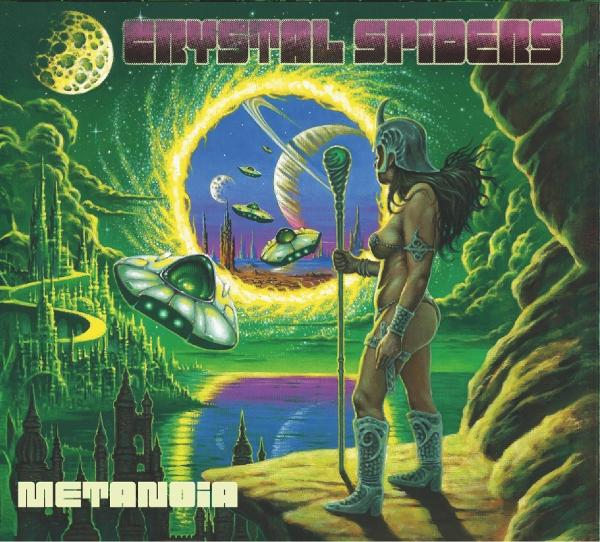Albumcover mit Fantasy-Kunst: Frau, UFOs und eine surreale Landschaft.
