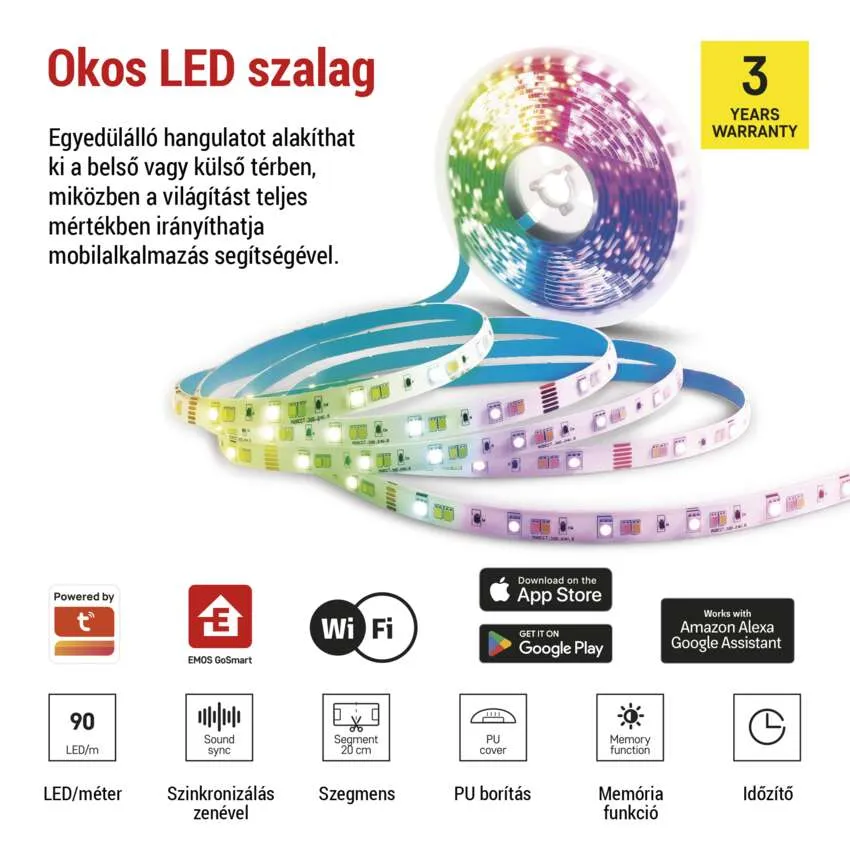 Okos LED szalag termék funkciókkal: WiFi, vezérlőalkalmazás és színbeállítások.