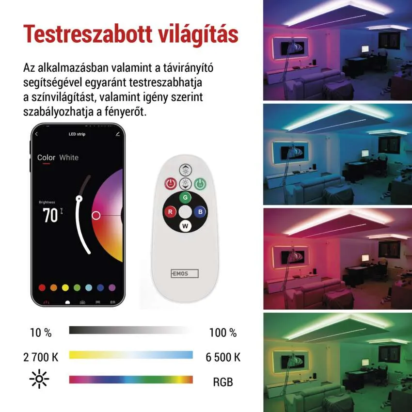 Okos LED szalag funkciók: Alkalmazásvezérlés, távirányító és színbeállítási opciók.