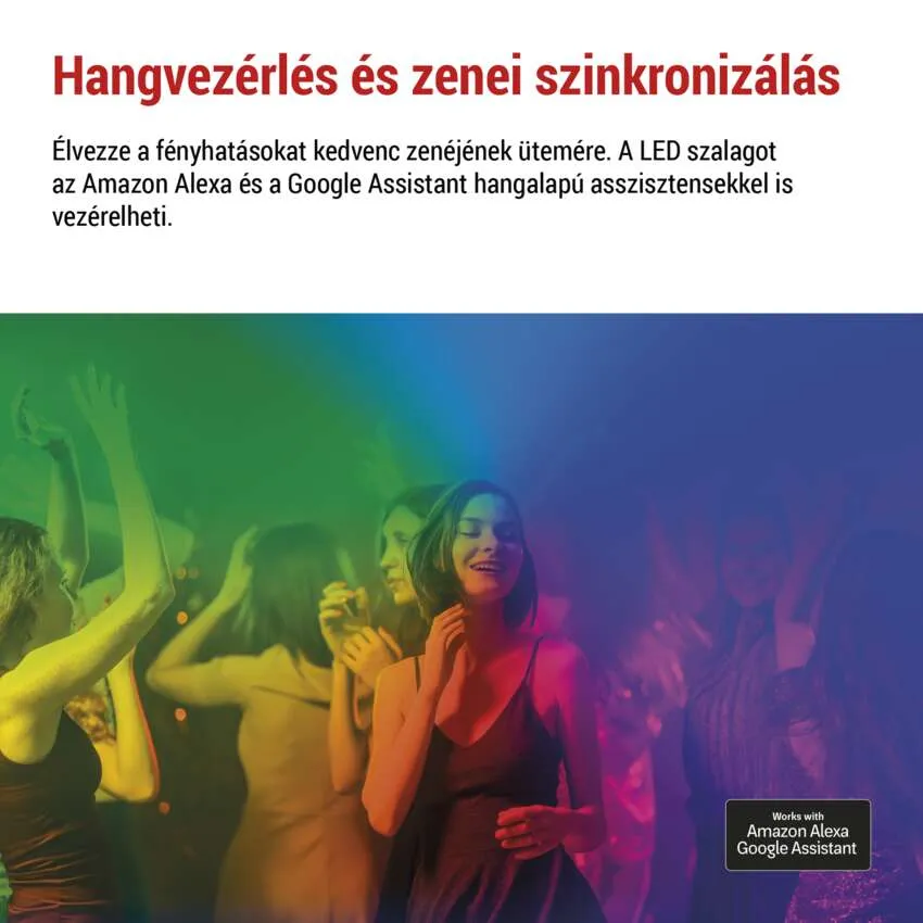 Emberek táncolnak egy klubban többszínű fényekkel, Alexa és Google Assistant logókkal.
