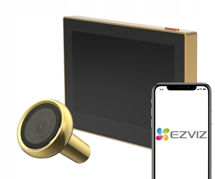 Kamera, czarny ekran, złota ramka, obiektyw, telefon. Logo EZVIZ na telefonie.