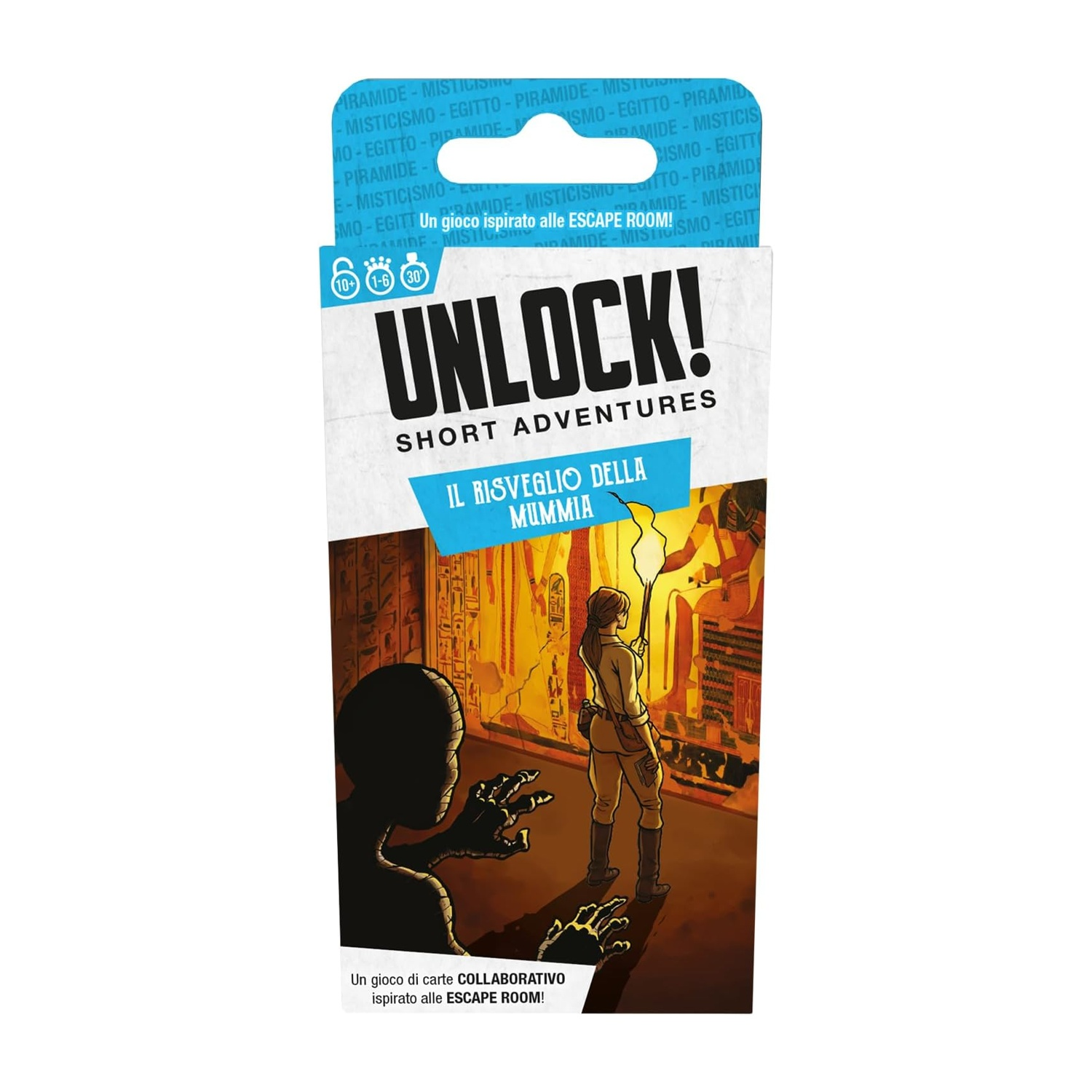 Scatola del gioco di carte Unlock!. Illustrazione di un esploratore di tombe. Testo: 'Unlock! Short Adventures'.