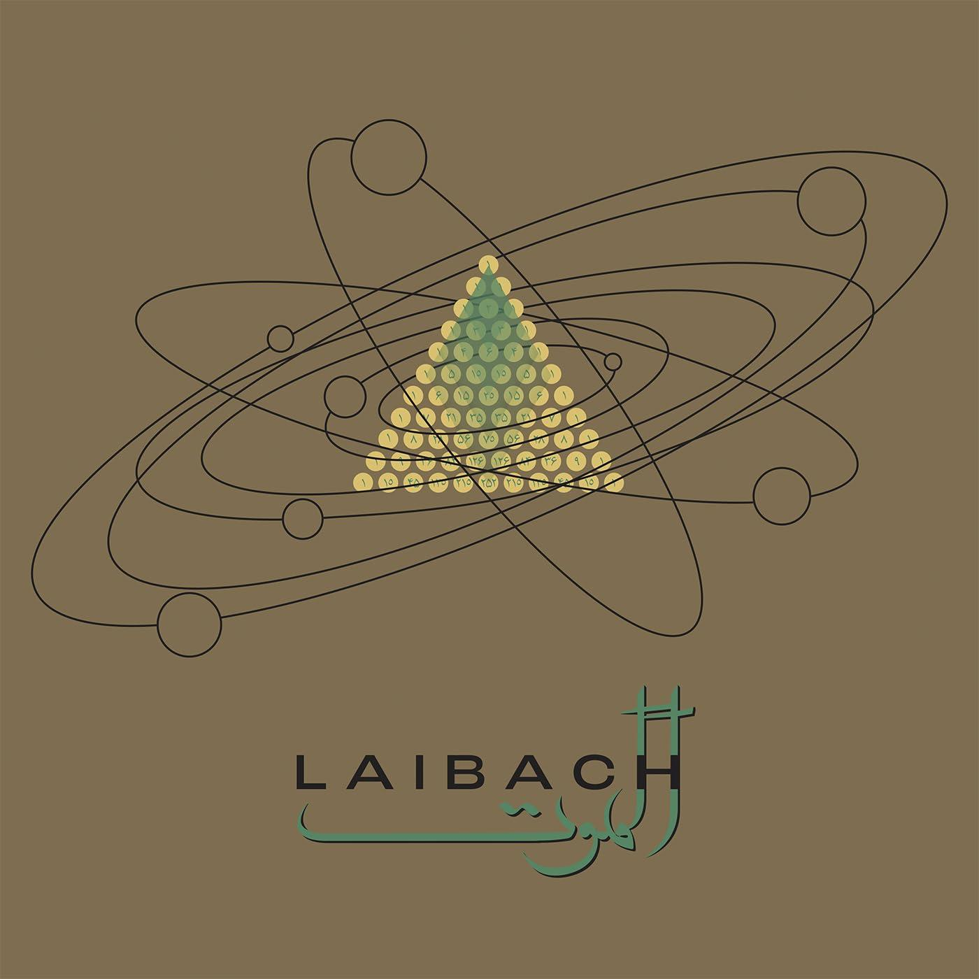 Laibach album borító: atom szimbólum háromszögekből és körökből, sötétbarna háttér, stilizált szöveg.