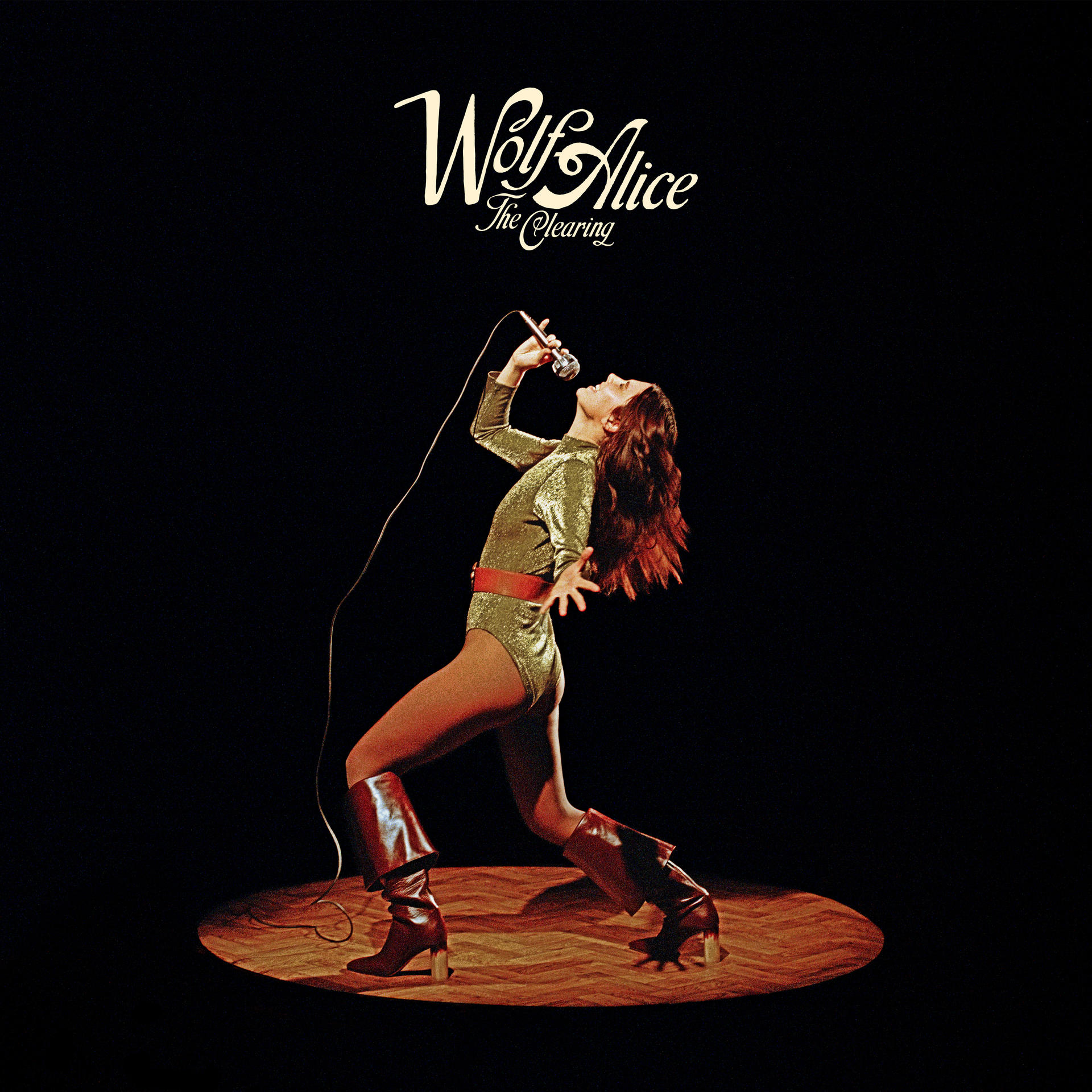 Wolf Alice albumhoes. Zangeres op het podium, schijnwerper. Zwarte achtergrond. Zangeres in gouden jumpsuit, rode laarzen.