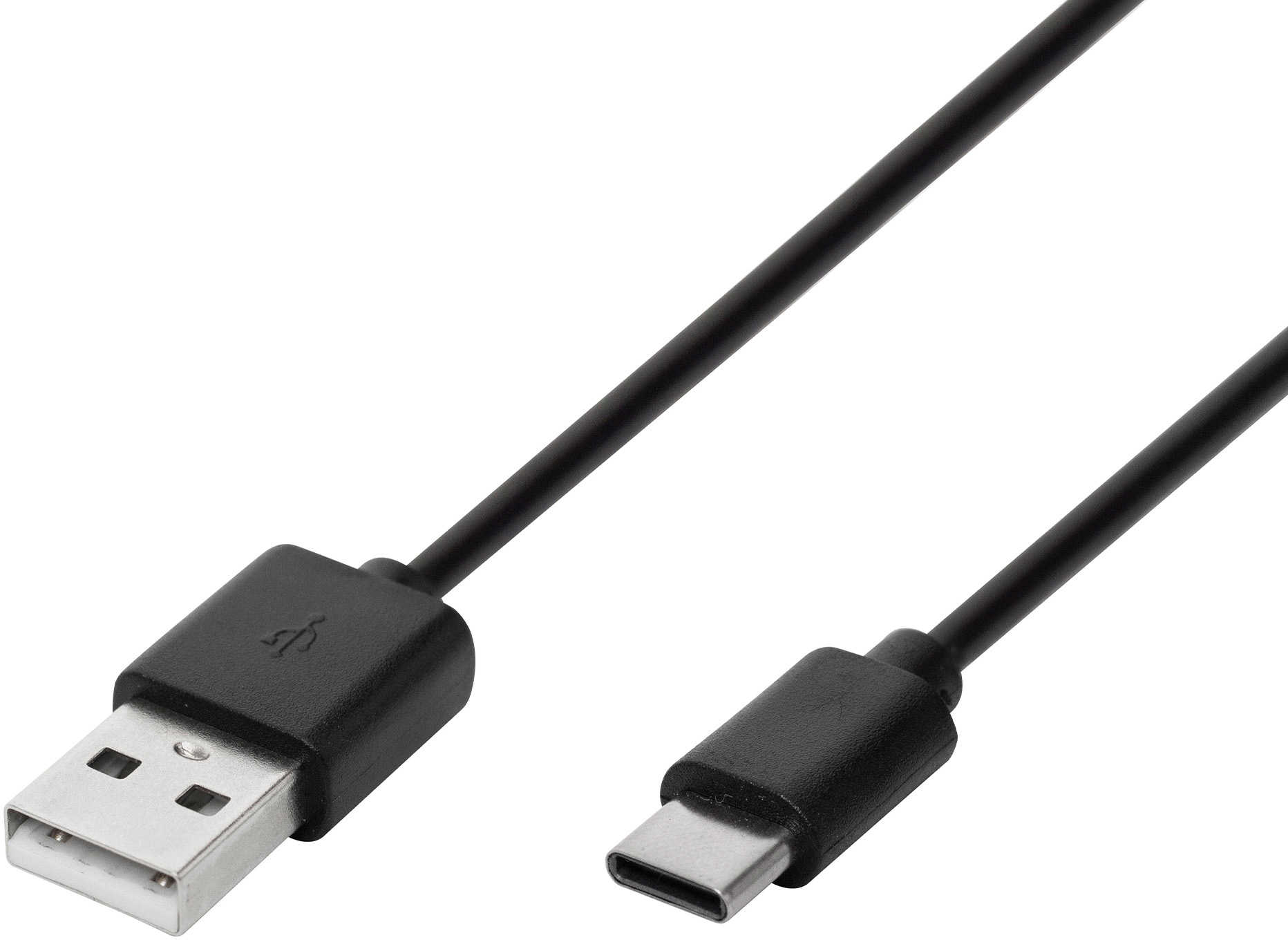 Egy fekete USB-C kábel, melynek egyik végén USB csatlakozó, a másikon Type-C csatlakozó található.