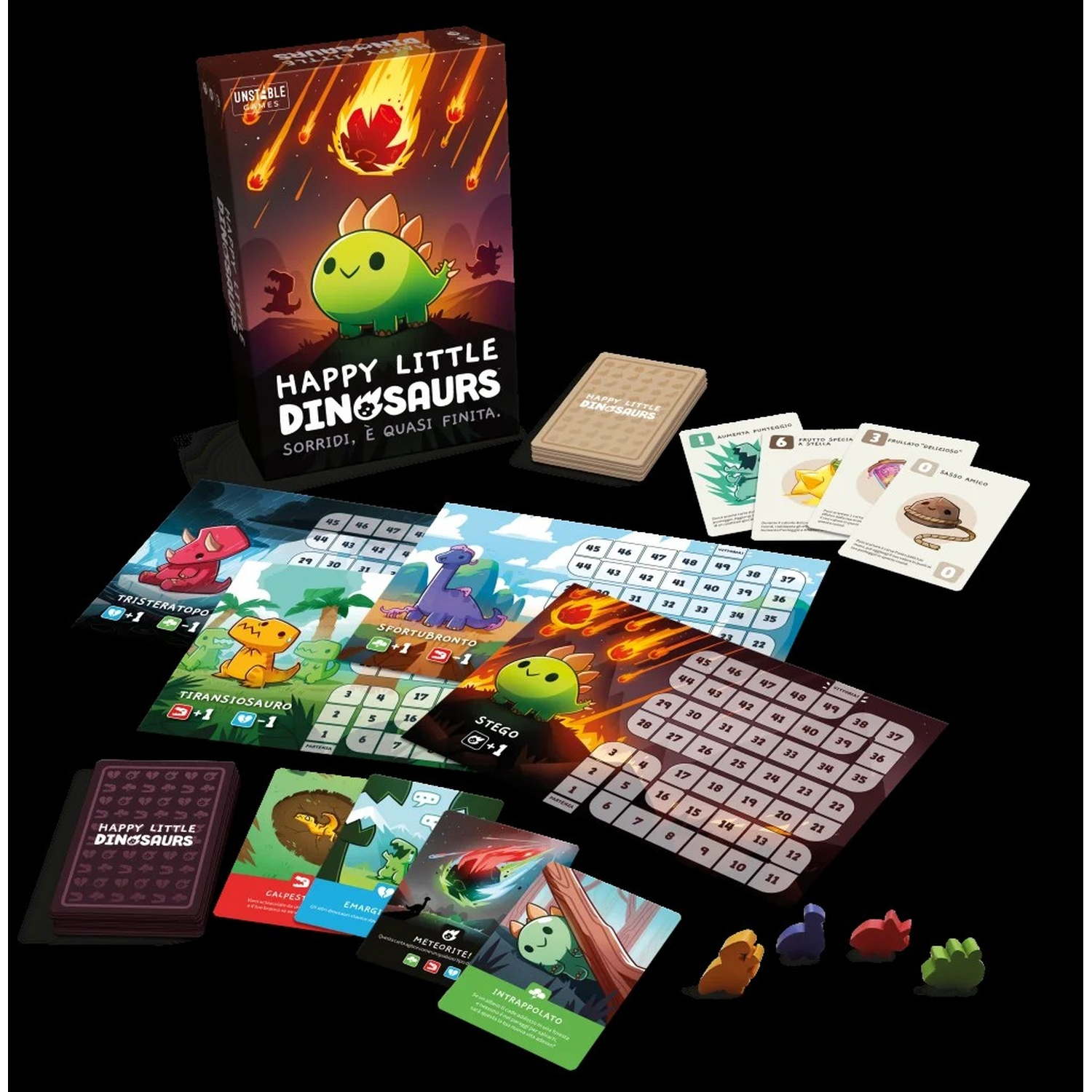 Scatola di gioco da tavolo con carte, dinosauri e un vulcano. La scatola ha un dinosauro verde.